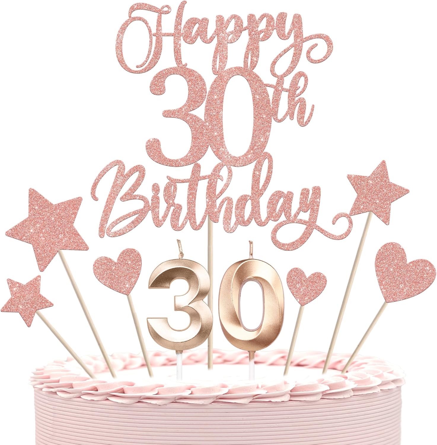 13 PCS Happy 30th Birthday Cake Toppers with Heart Star Glitter Rose Gold