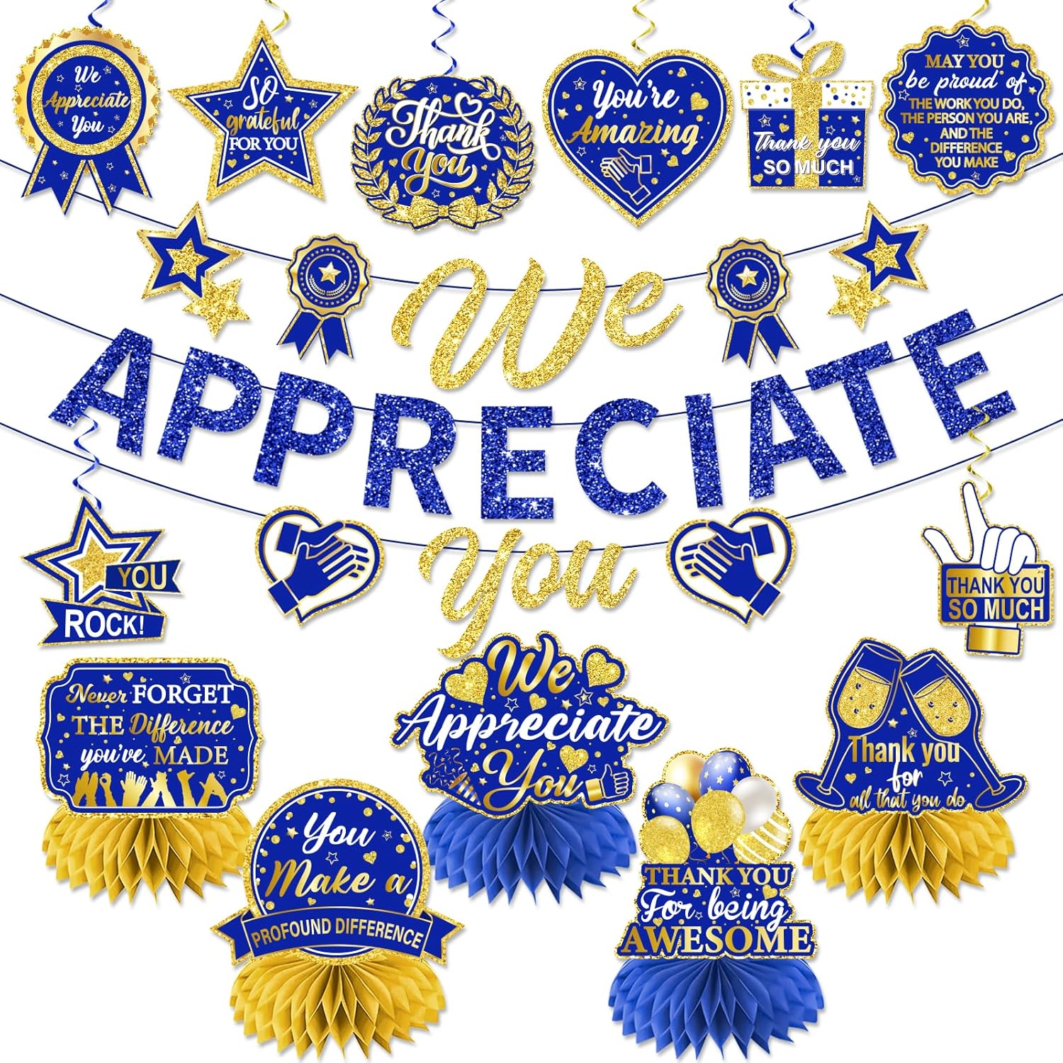 We Appreciate You Decorations Navy Blue Gold Set