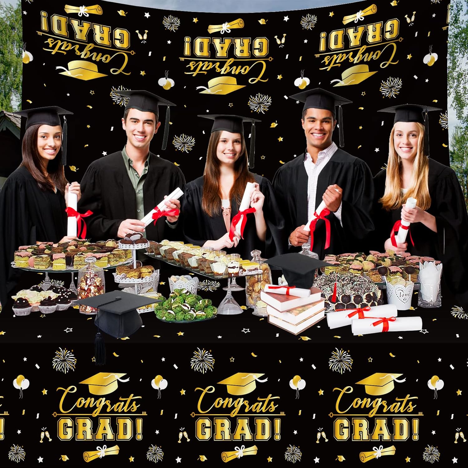 3 Pcs Graduation Tablecloth - Black Gold 54x108 Inch