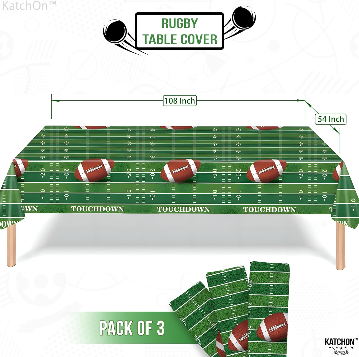 KatchOn 3 Pack Football Tablecloth - 108x54 Inch Green Tablecover for Football Parties