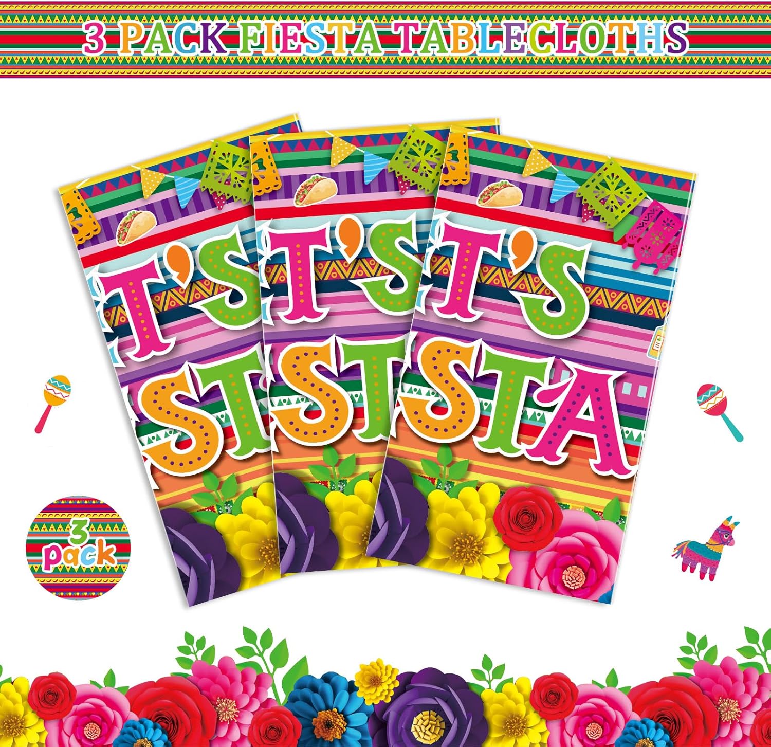 Mexican Fiesta 3 Piece Tablecloth Set 54x108 Inch