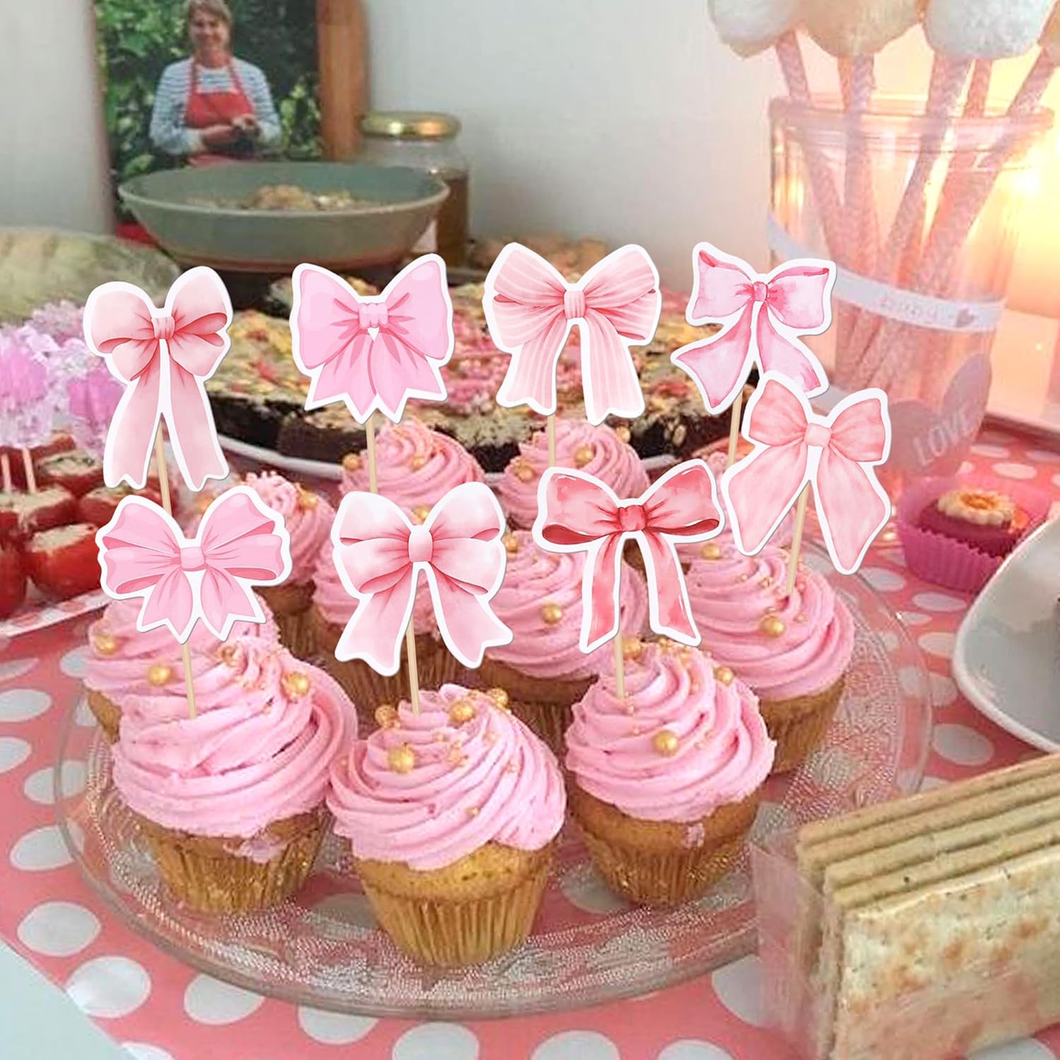 40 Pink Bow Cupcake Toppers for Party Decorations