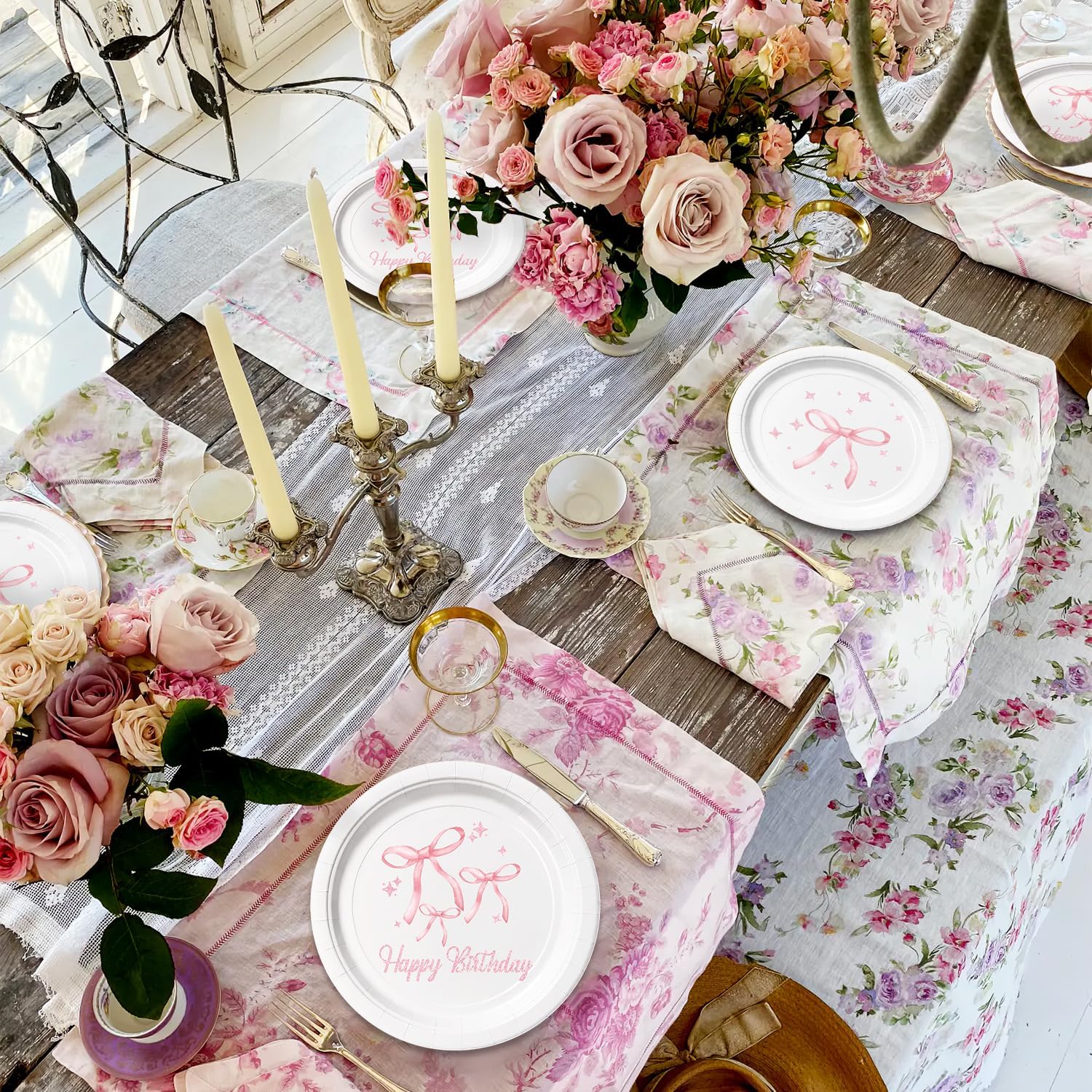 Pink Bow Birthday Party Tableware Set 96Pcs