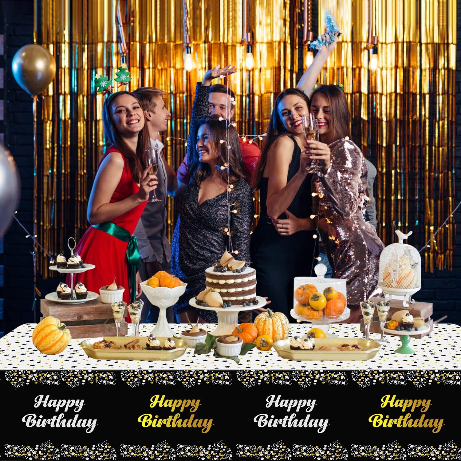 4 Pack Happy Birthday Tablecloths Black Gold Decor 54x108 Inch