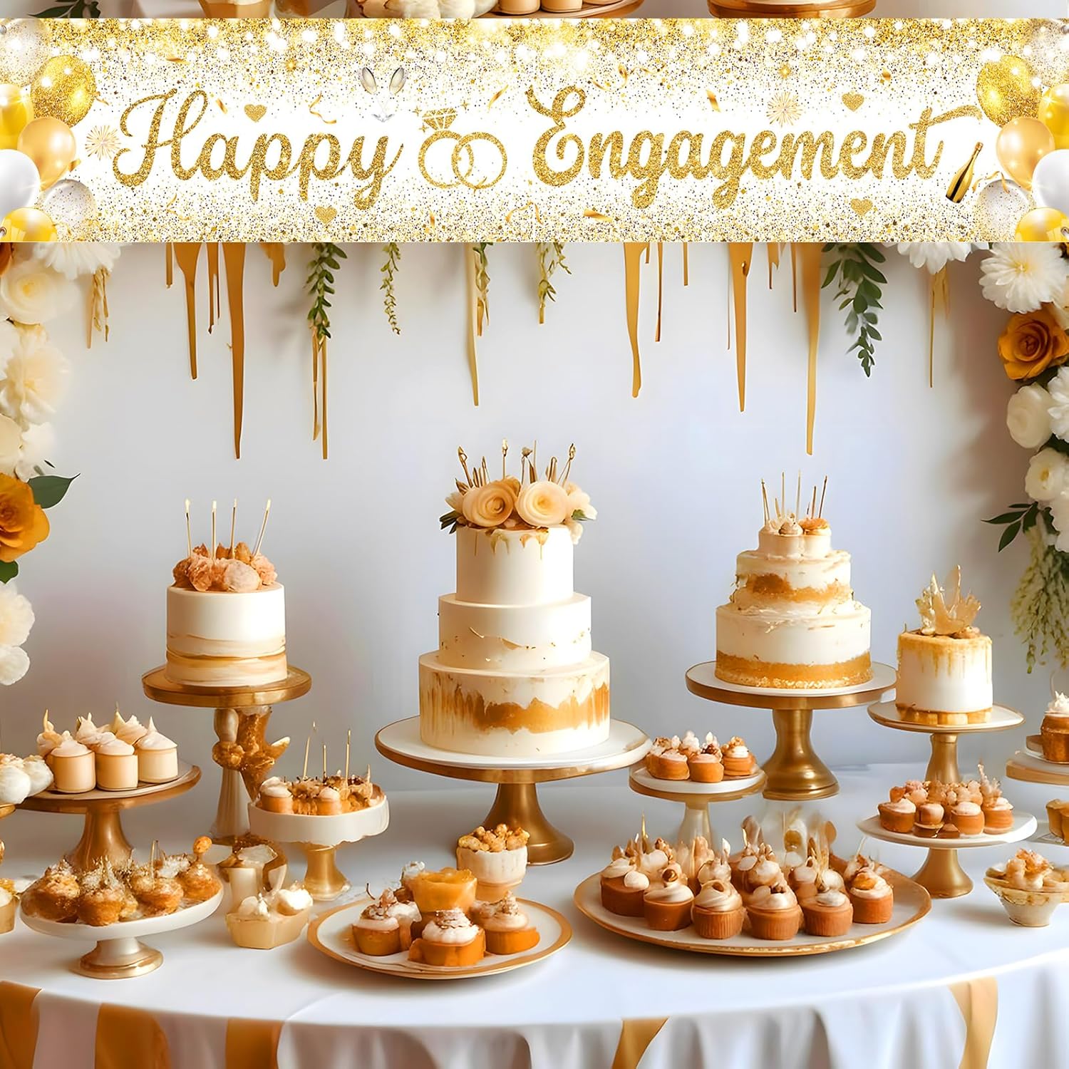 Gold Engagement Party Decorations Happy Engagement Yard Banner Backdrop