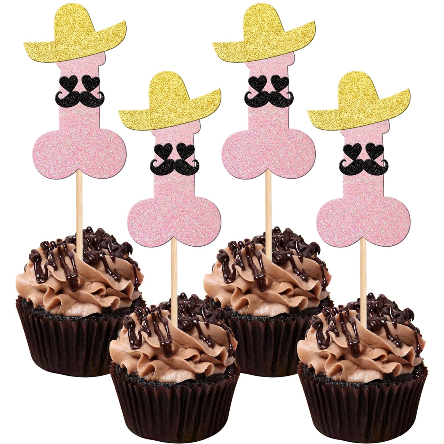 ZHUOWEISM 24pcs Pink Cupcake Toppers with Glitter Hats Beard