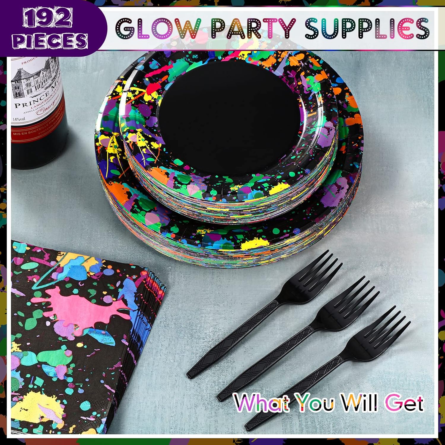 Baderke Neon Glow Party Tableware Set 192 Pcs