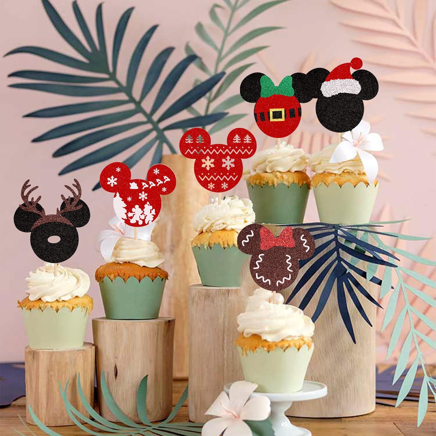 24PCS Glitter Christmas Cupcake Toppers Deer Santa Snowflake Decorations
