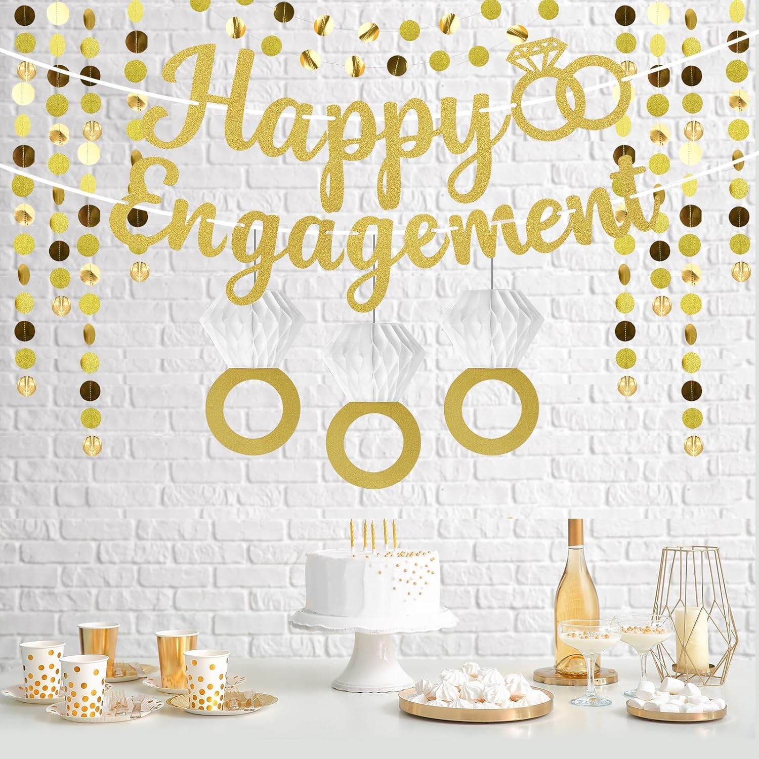 Gold Glitter Happy Engagement Party Banner Decor Set