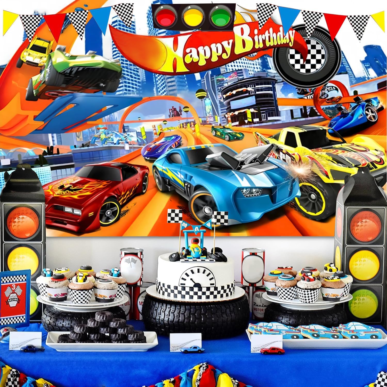 Hot Cars Birthday Banner Backdrop 5x3ft