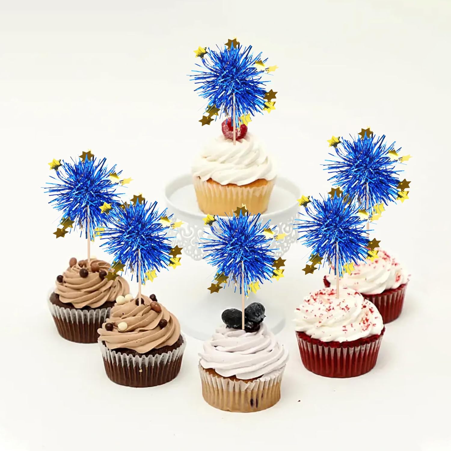 30 PCS Foil Firework Cupcake Toppers Blue Sparkle