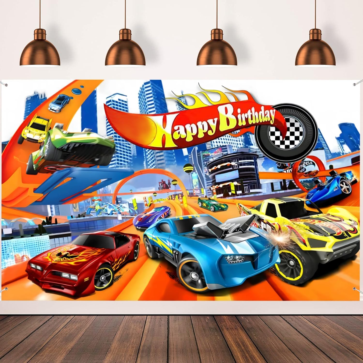 Hot Cars Birthday Banner Backdrop 5x3ft