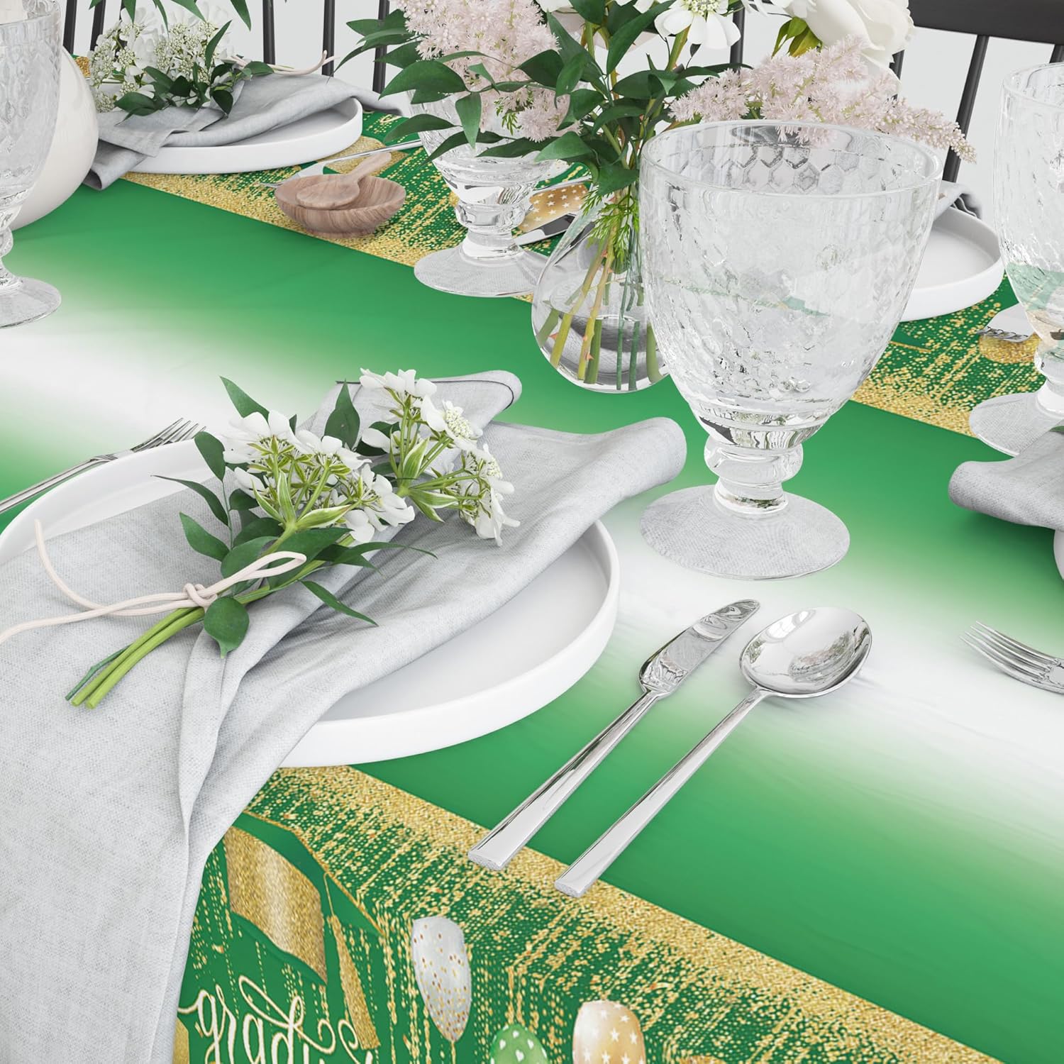 2025 Graduation Party Tablecover Kit - 2 Pcs Green Congrats Grad Tablecloths