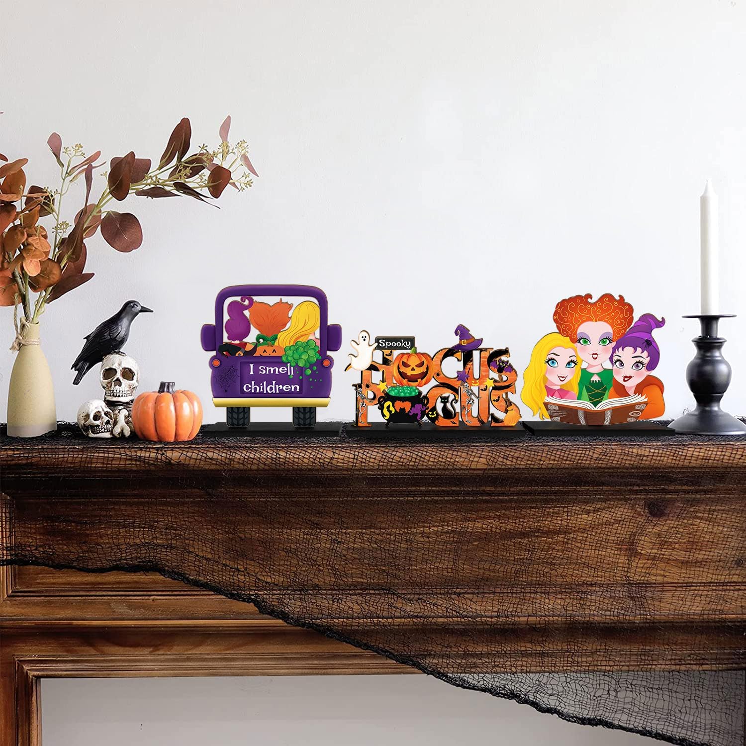 3 Piece Hocus Pocus Halloween Table Signs with Wooden Bases