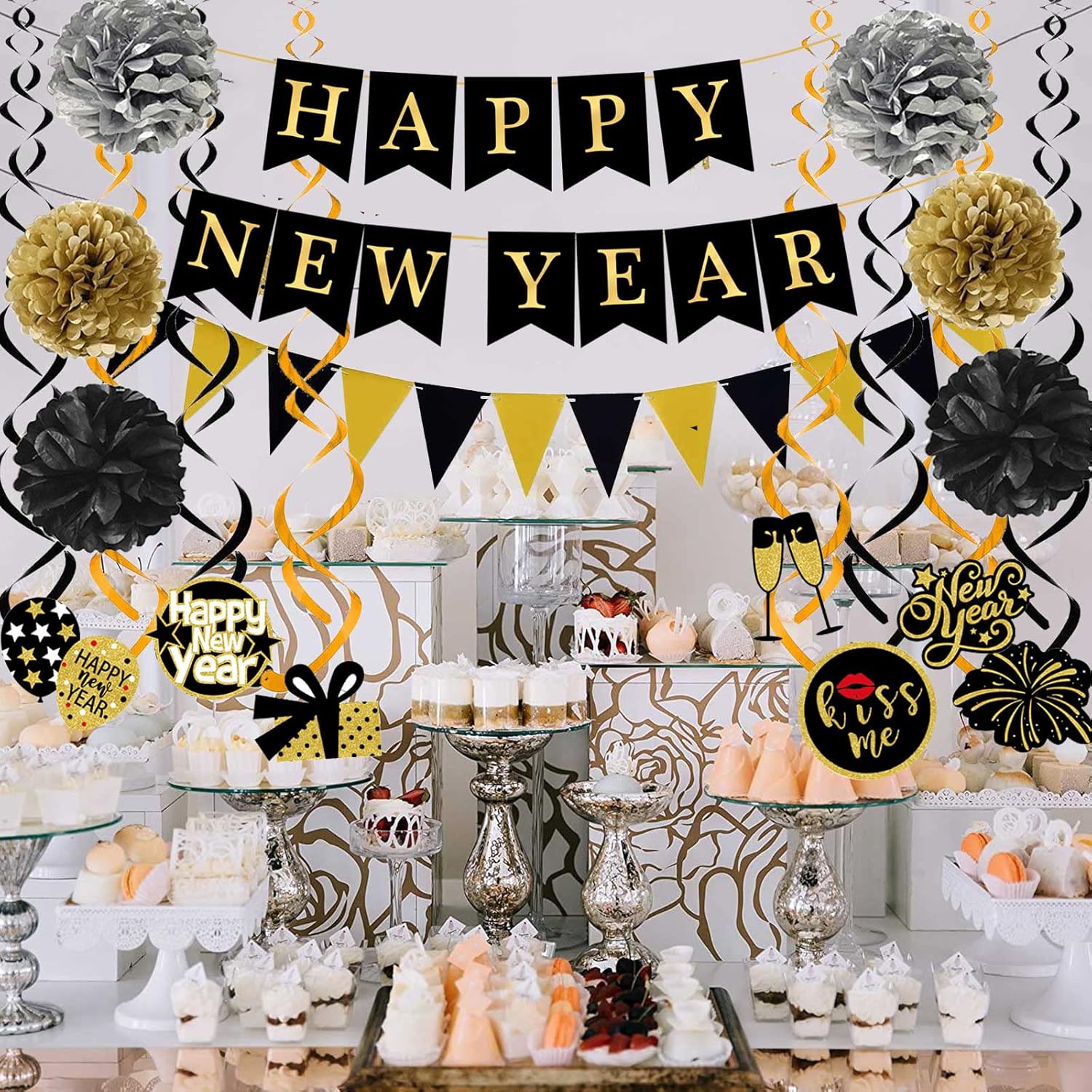 Happy New Year Banner with Pom Poms and Triangle Flags