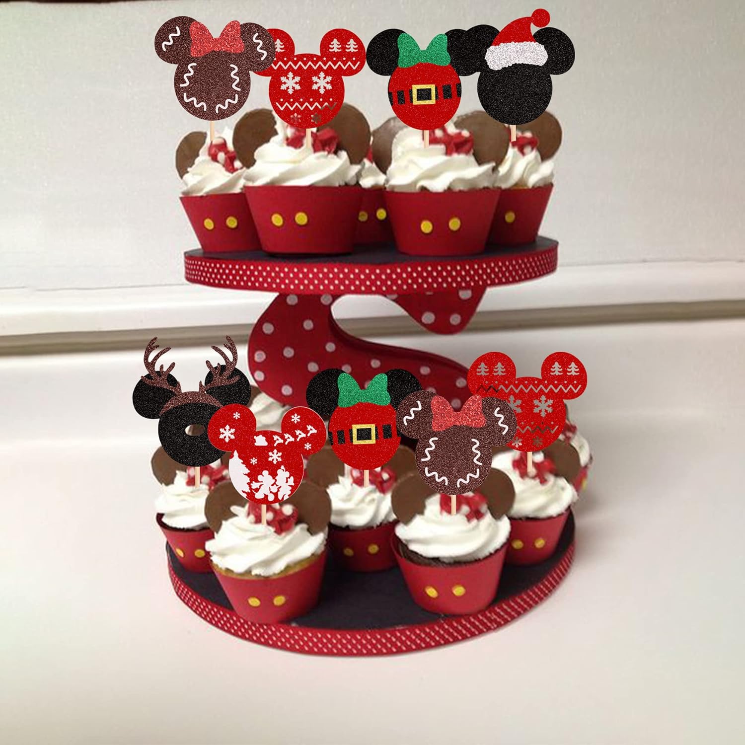 24PCS Glitter Christmas Cupcake Toppers Deer Santa Snowflake Decorations