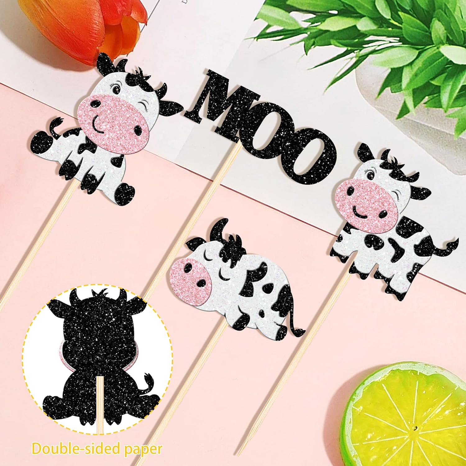 12PCS Double Sided Moo Cow Centerpiece Sticks