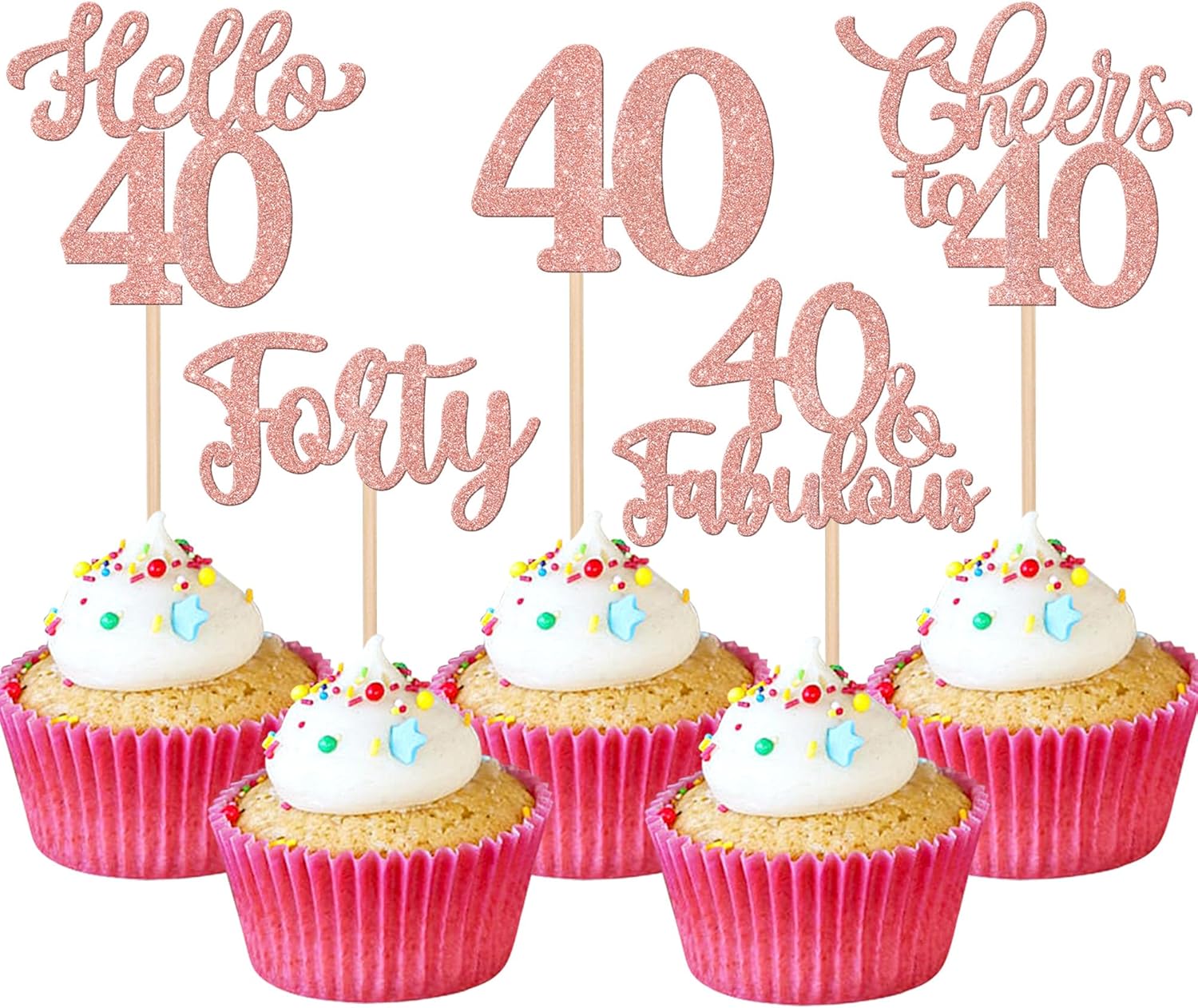 30PCS Happy 40th Birthday Cupcake Toppers Rose Gold Glitter