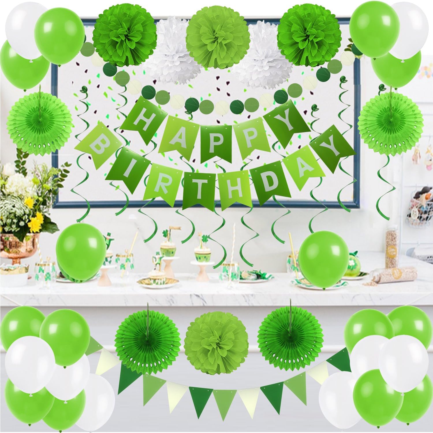 ZERODECO Birthday Party Decor Green White Banner Fans Poms Balloons