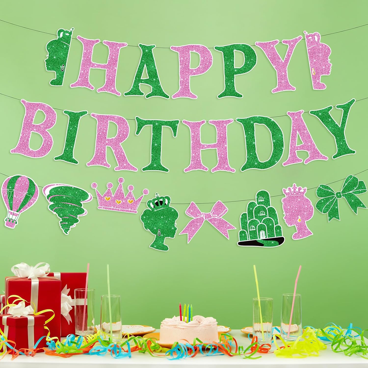 Witch Birthday Banner Pink Green Princess Theme Party Decor