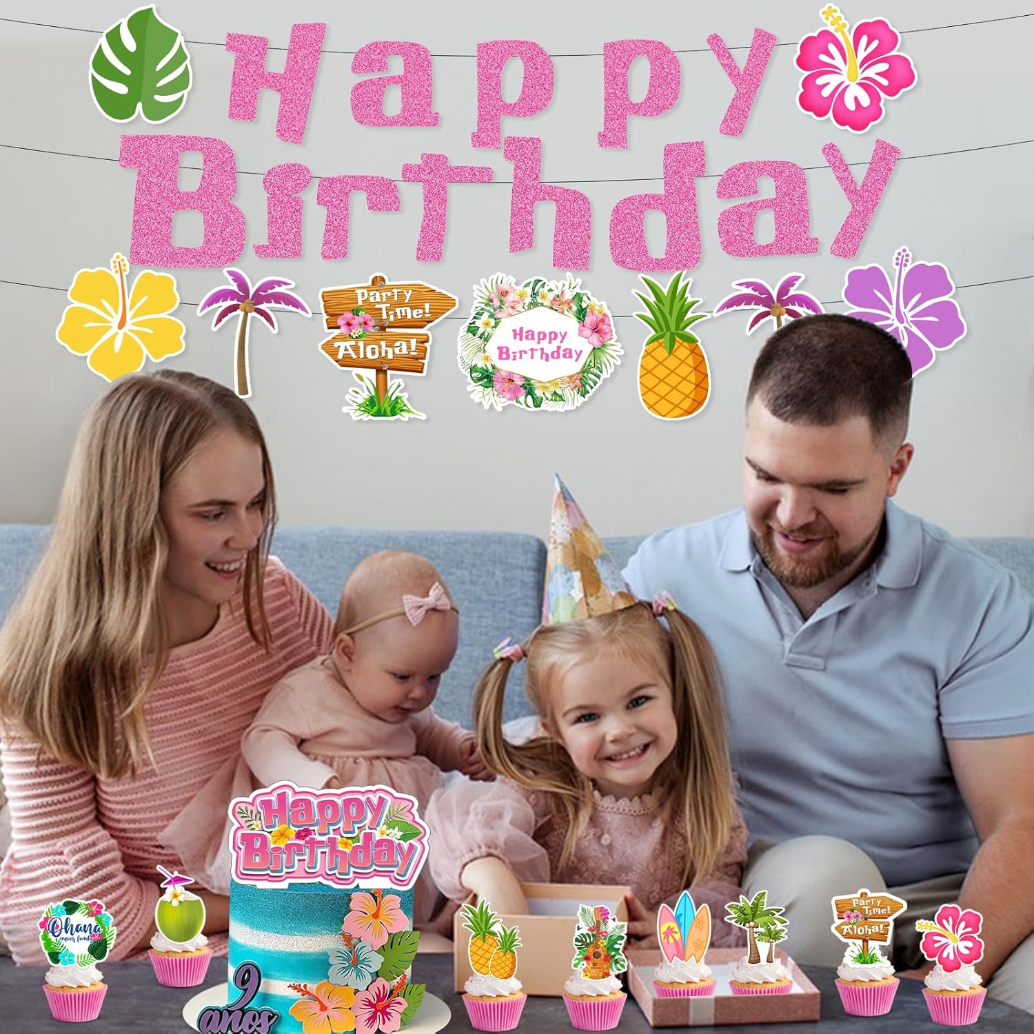 Pink Blue Cartoon Birthday Party Decor Kit