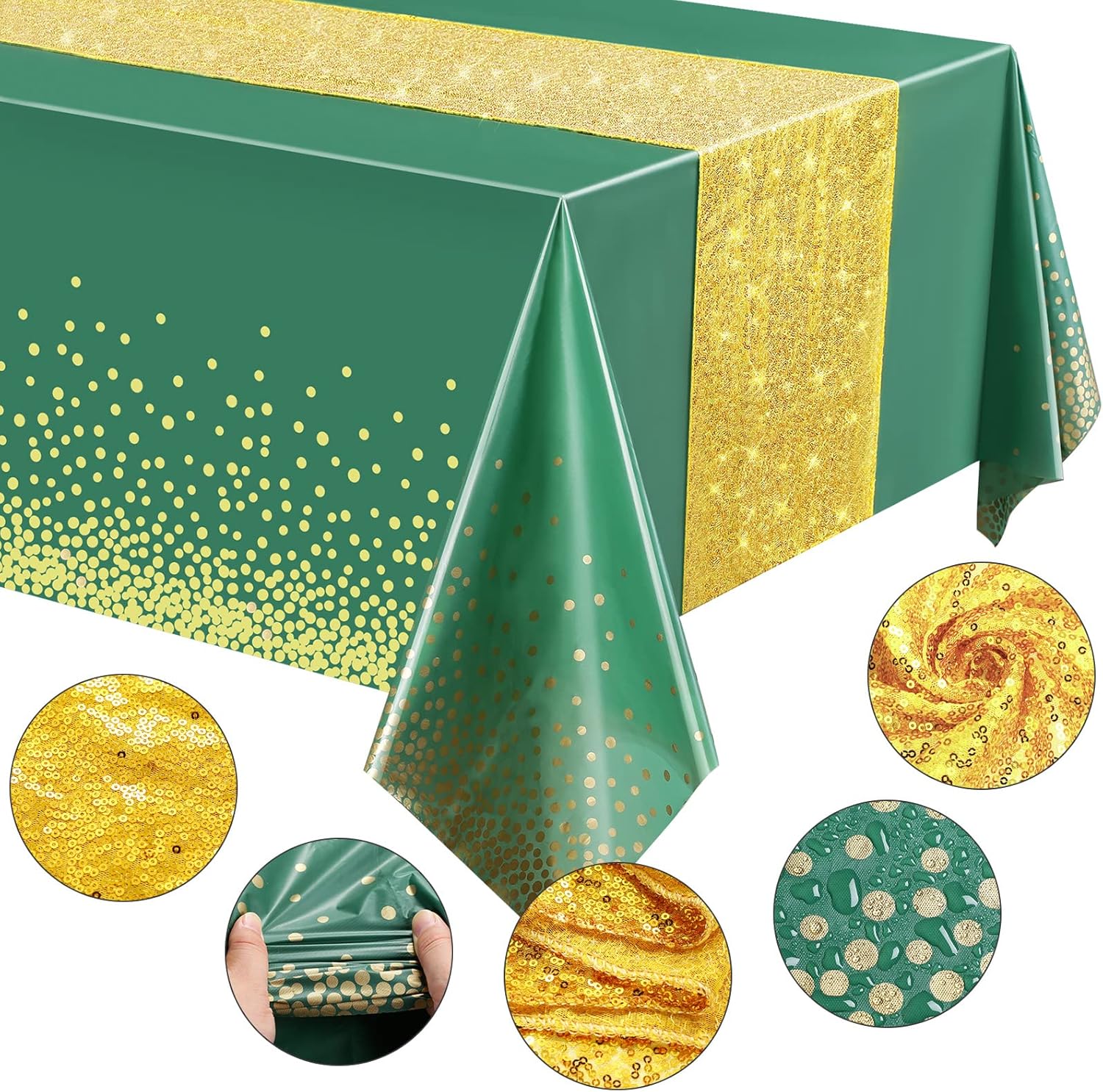 Irenare Tablecloth and Sequin Table Runner Set Green Gold 2 Pcs