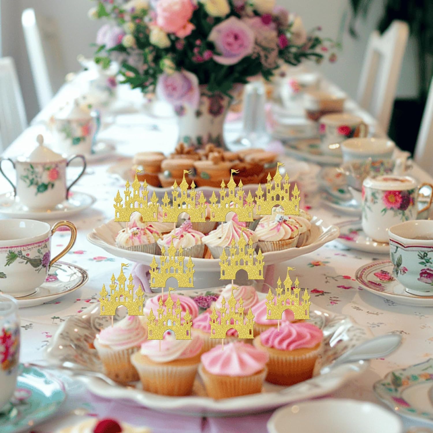 24 pcs Princess Castle Cupcake Toppers Gold