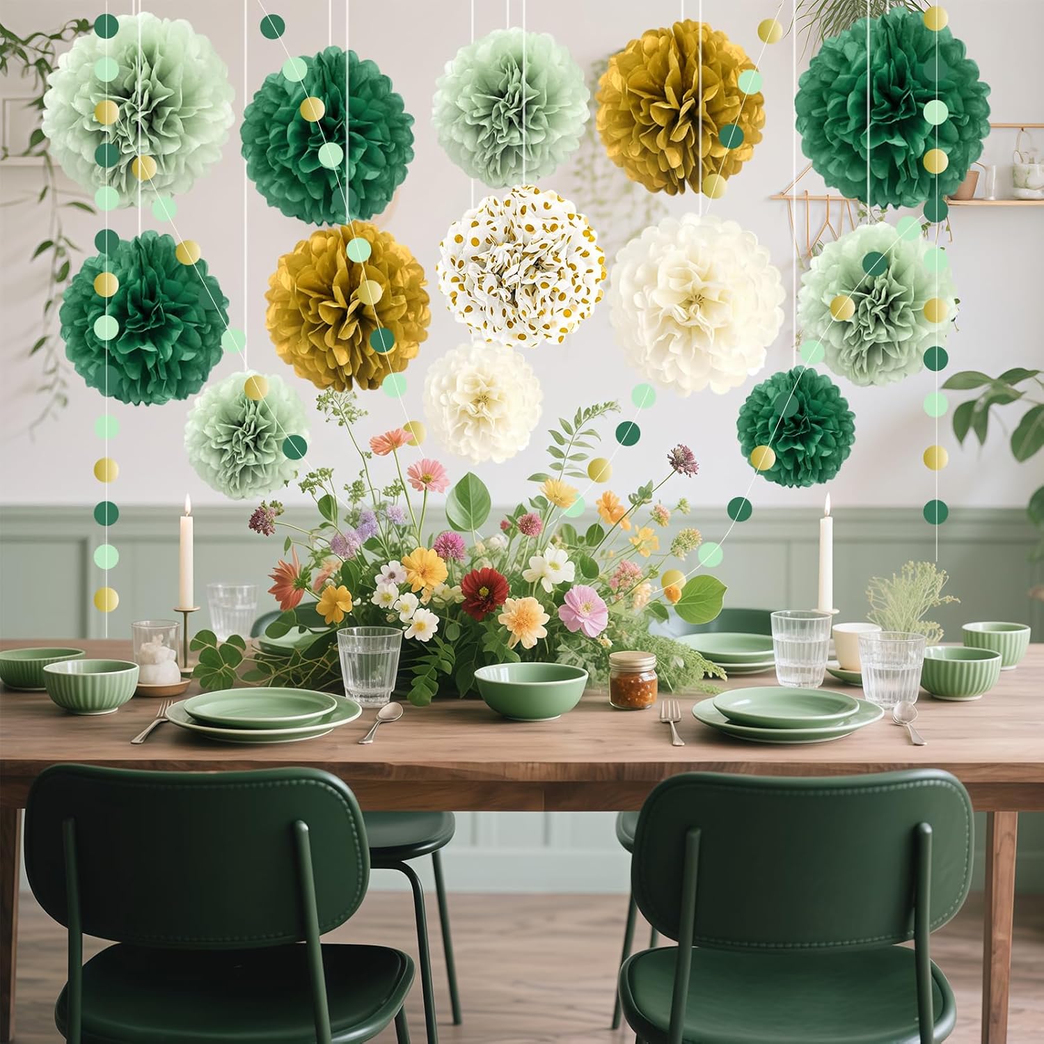 Green Wedding Party Decorations Set 16PCS Tissue Pom Poms Garland