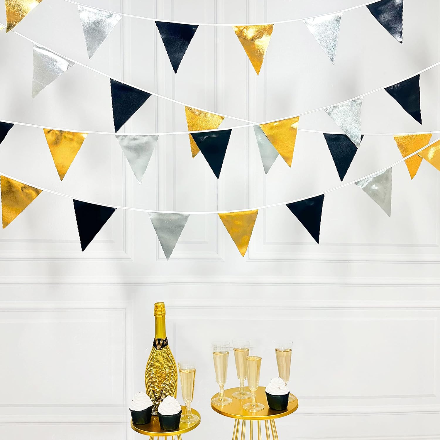 Black Gold Silver Triangle Pennant Banner Garland for Parties
