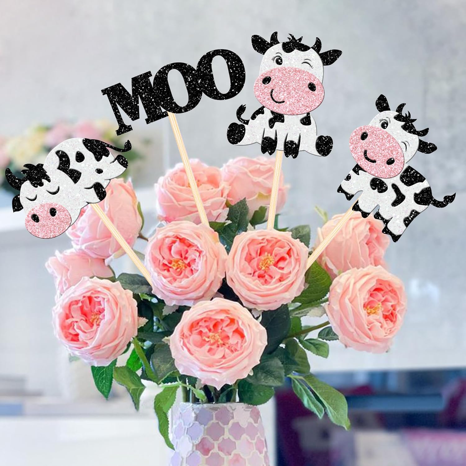 12PCS Double Sided Moo Cow Centerpiece Sticks