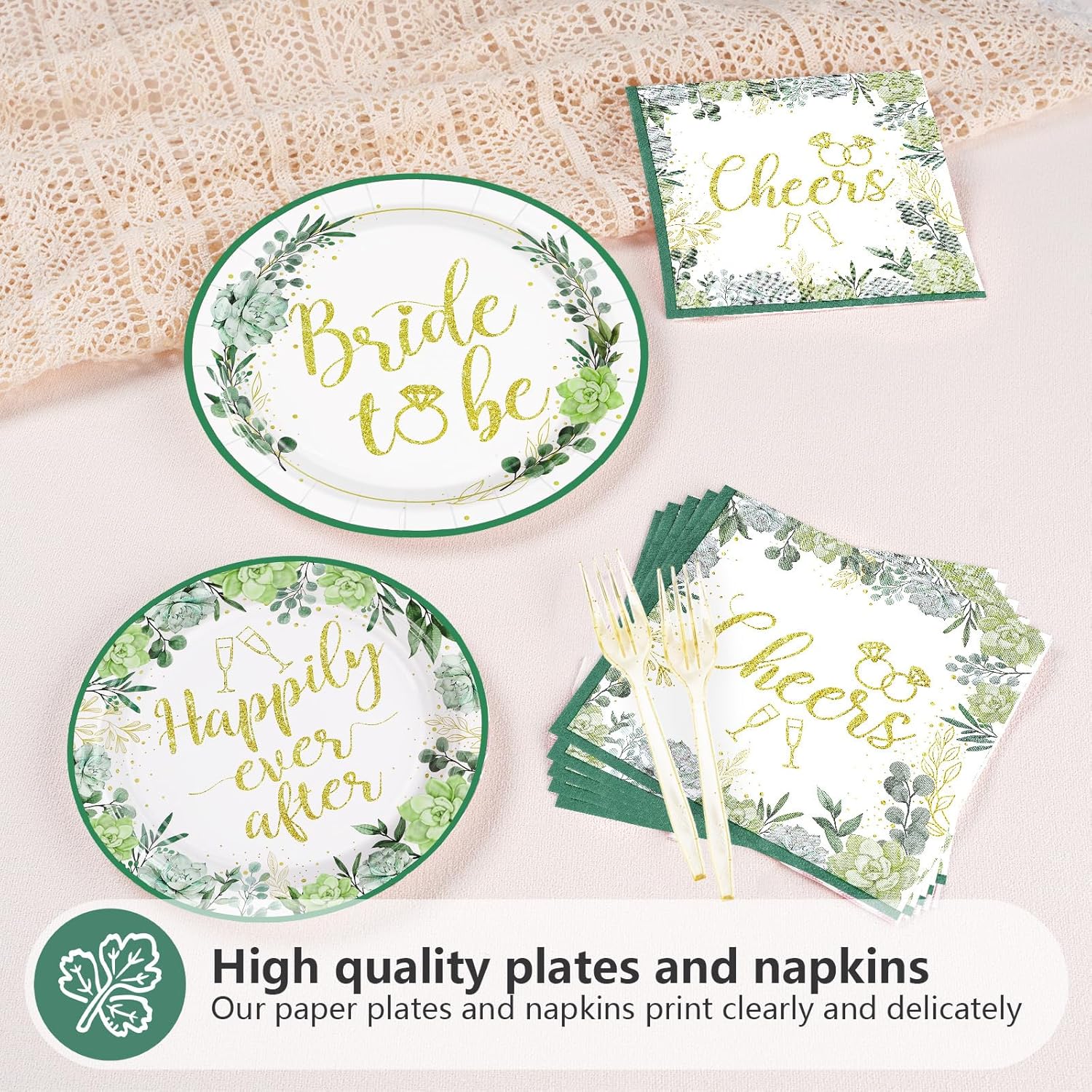 Sage Green Bridal Shower Party Tableware Set 96Pcs for 24 Guests