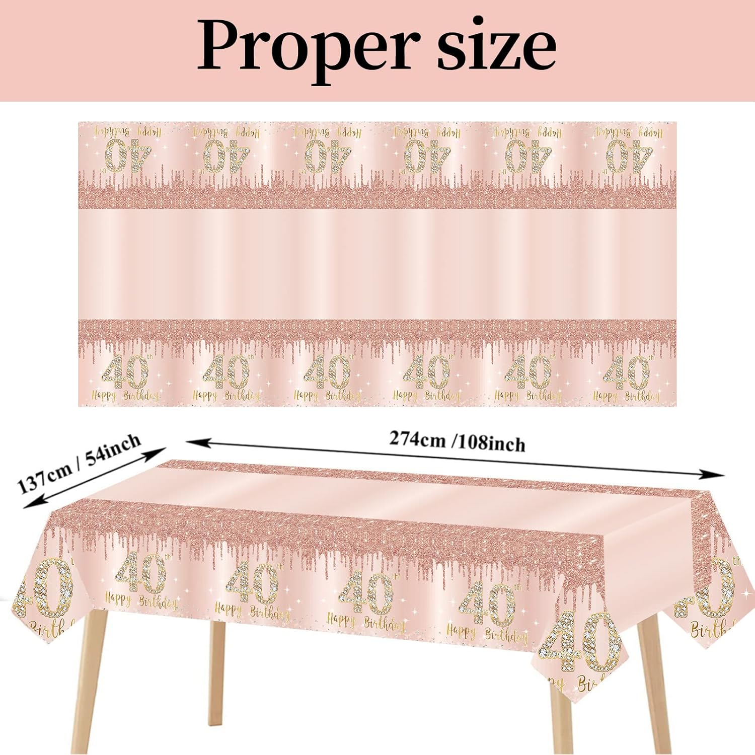 3 Pack Pink Rose Gold 40th Birthday Tablecloths - Disposable Decorations