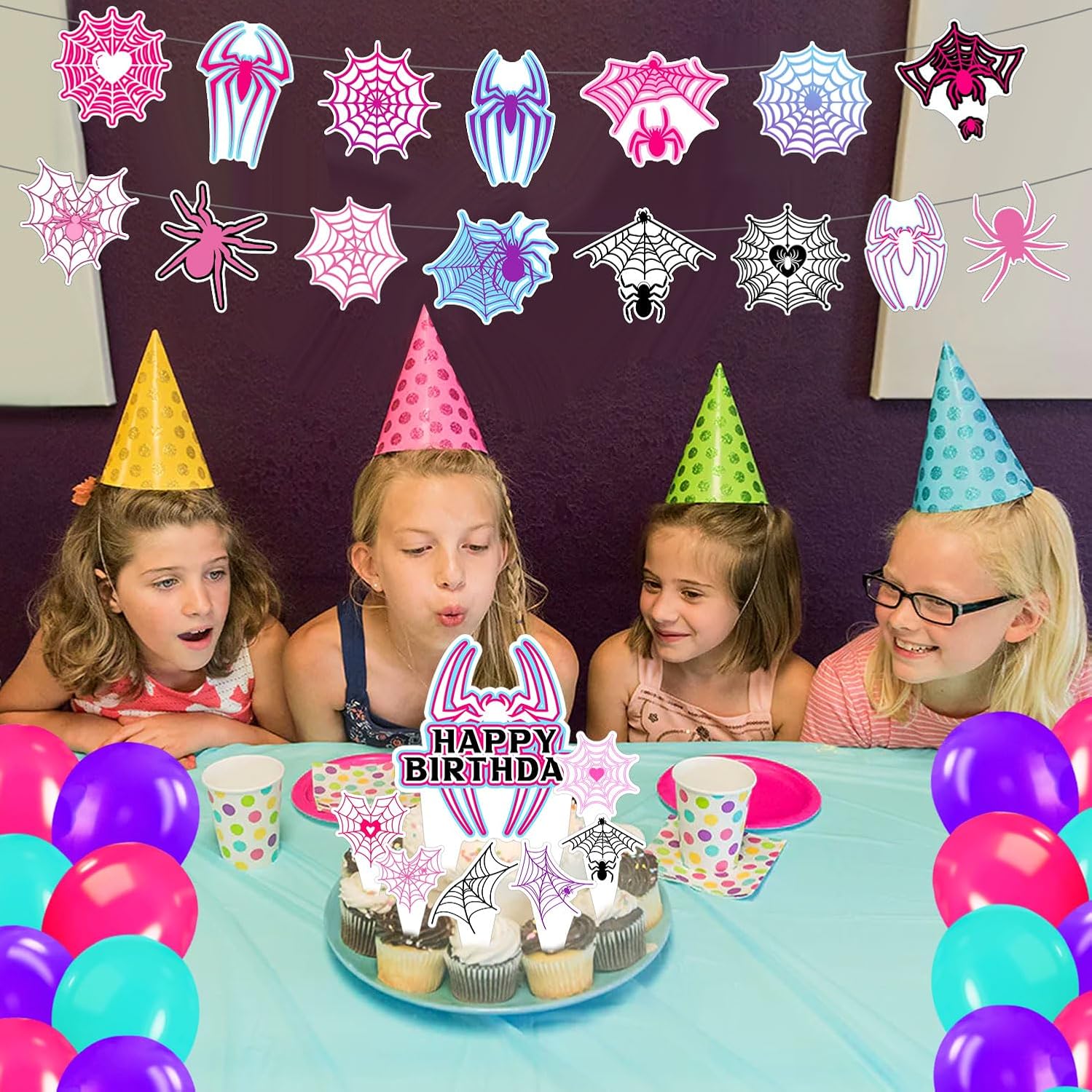 59 Pcs Pink Spider Party Decor Set