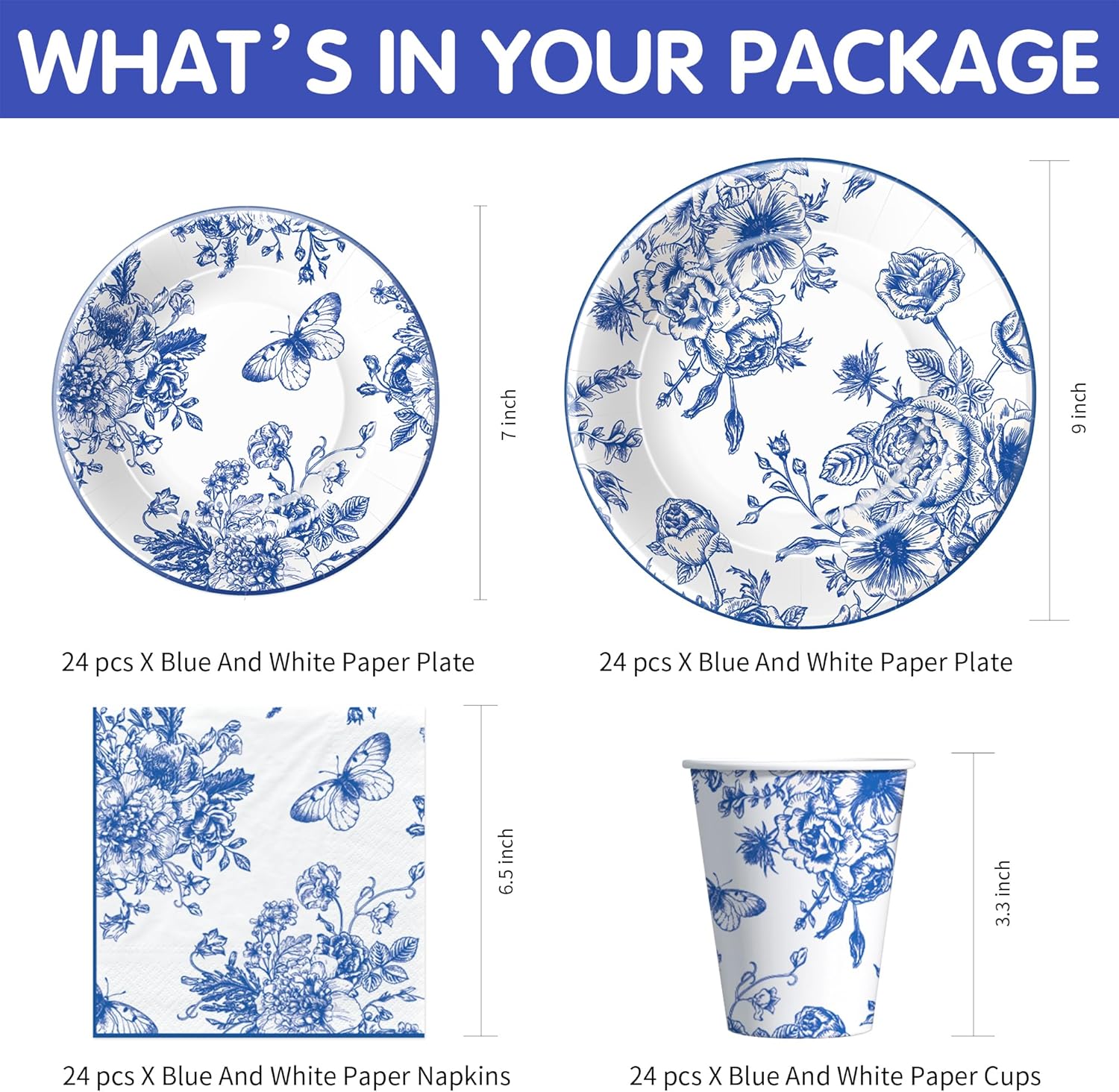 Blue and White Floral Paper Plates Set for 24