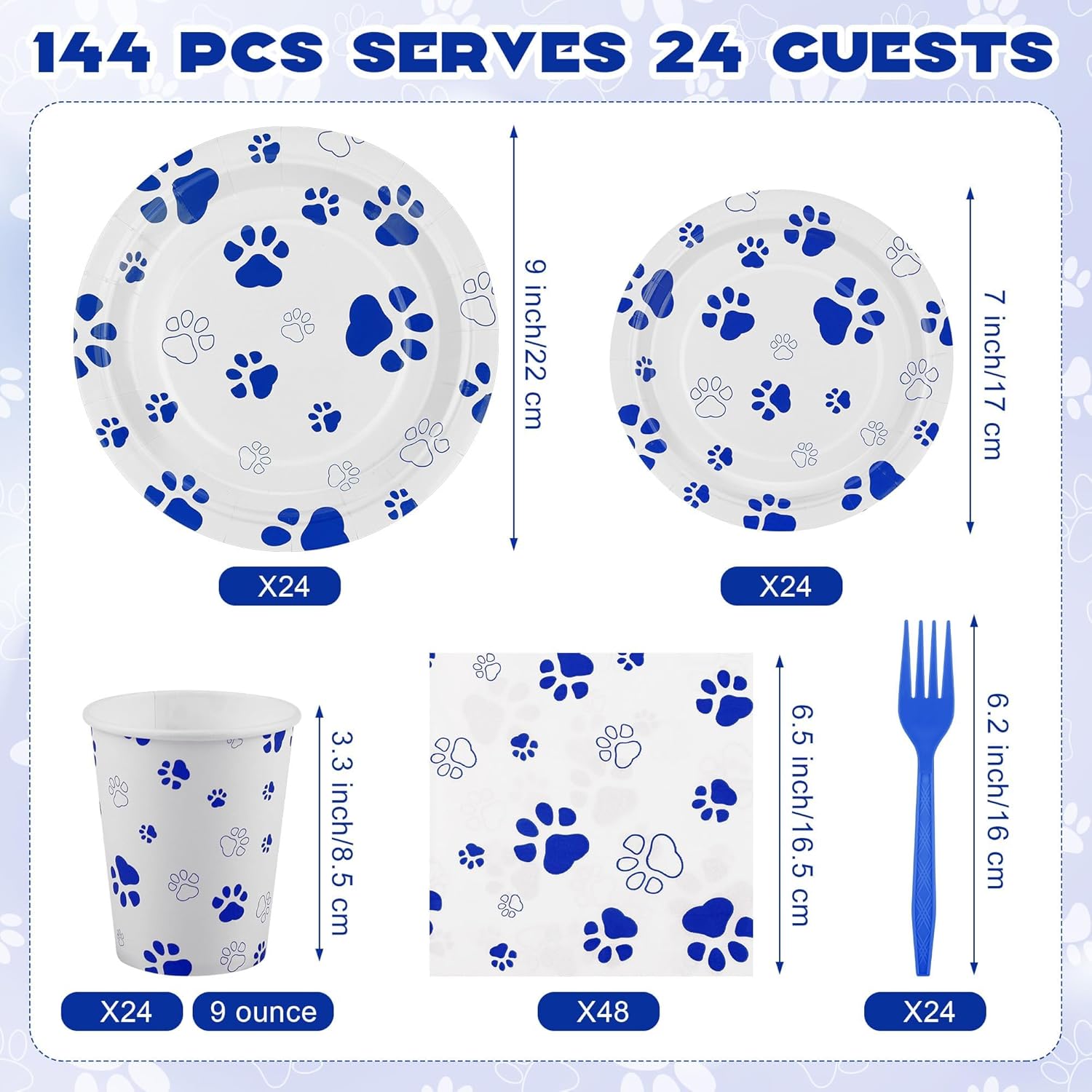 144 Piece Blue Paw Print Party Tableware Set for 24 Guests