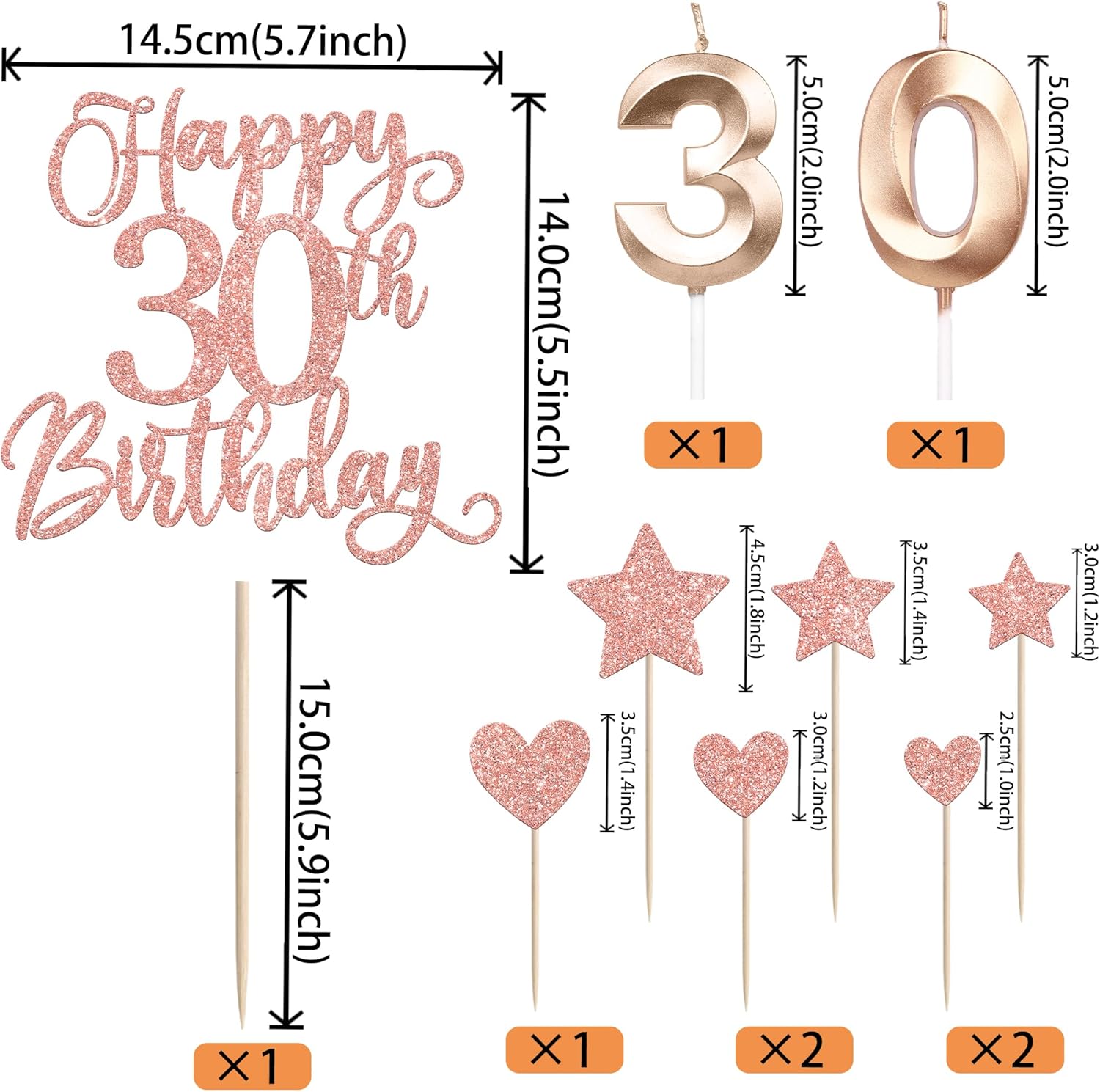 13 PCS Happy 30th Birthday Cake Toppers with Heart Star Glitter Rose Gold