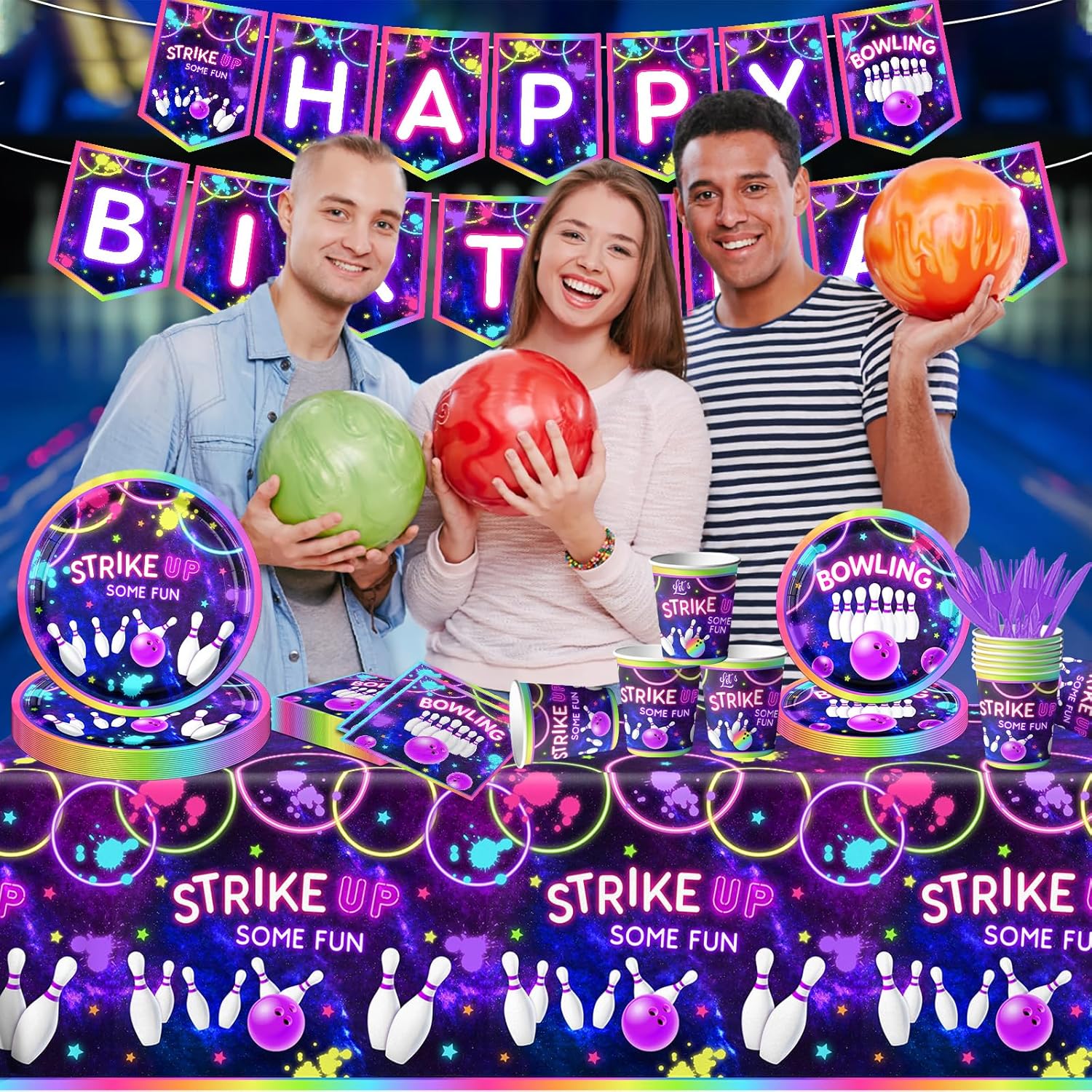 Bowling Party Tableware Set 142Pcs Neon Glow Fun Decorations