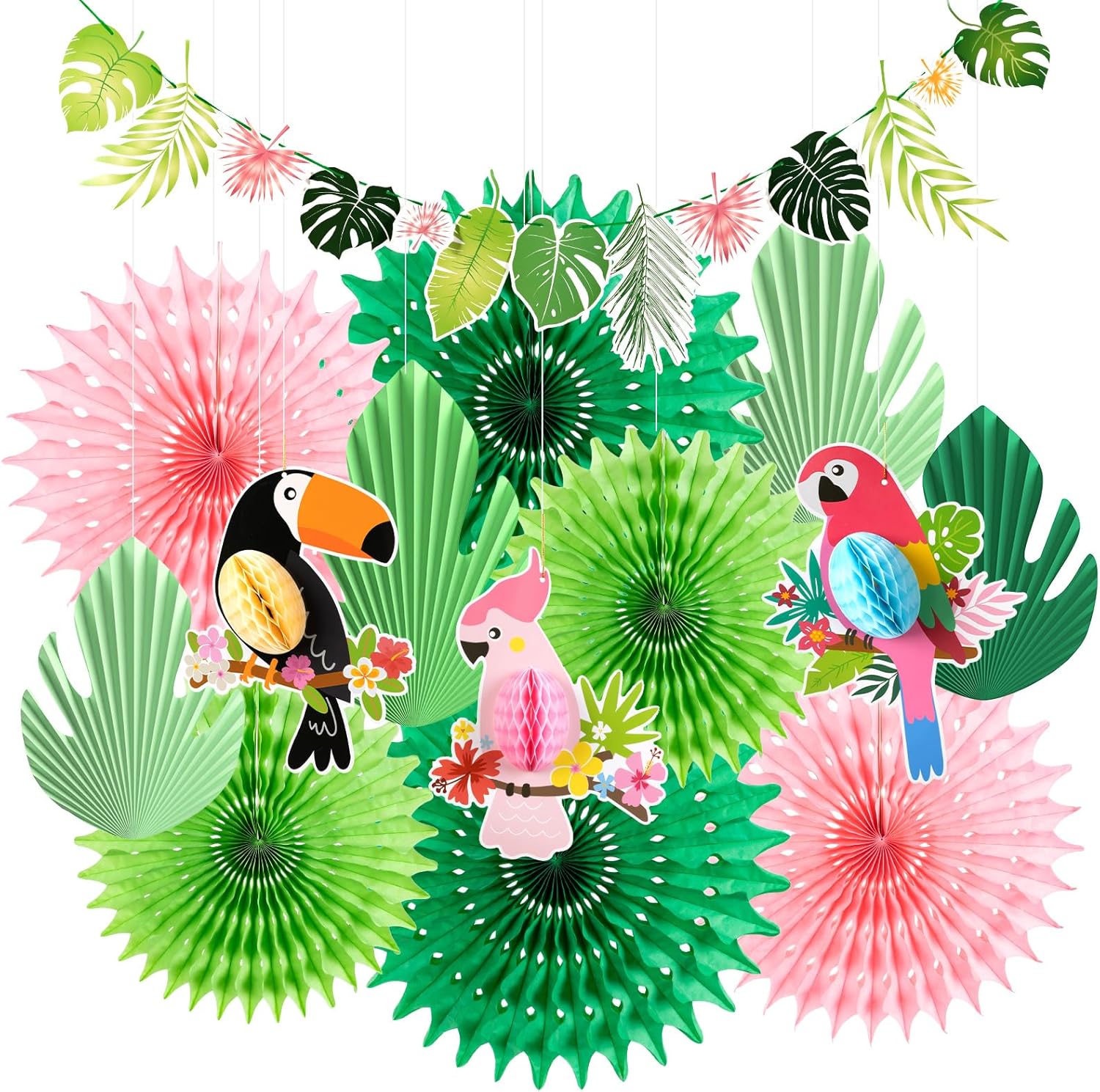 Tropical Party Decor Fans with Bird Garland Kit
