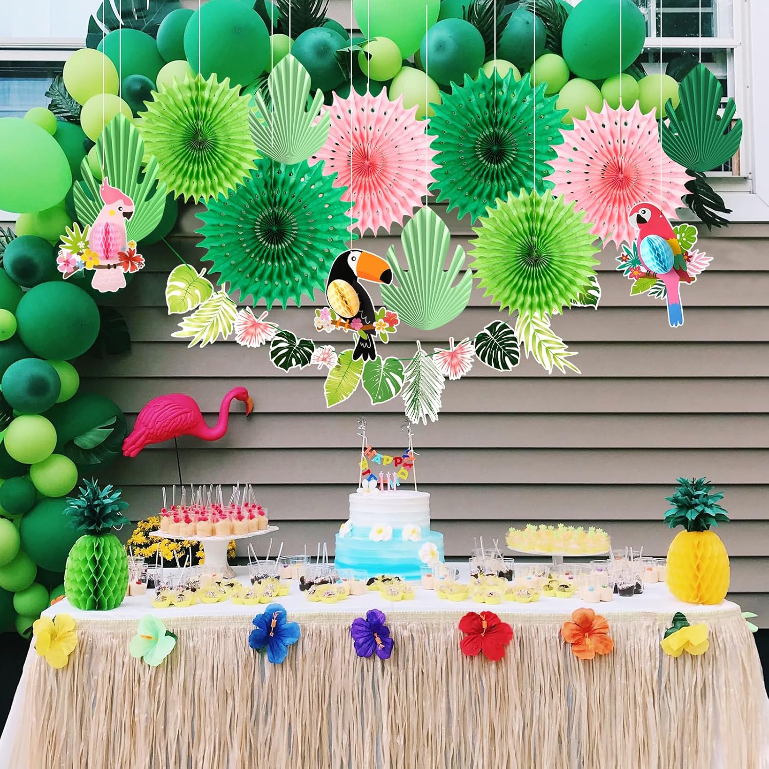 Tropical Party Decor Fans with Bird Garland Kit