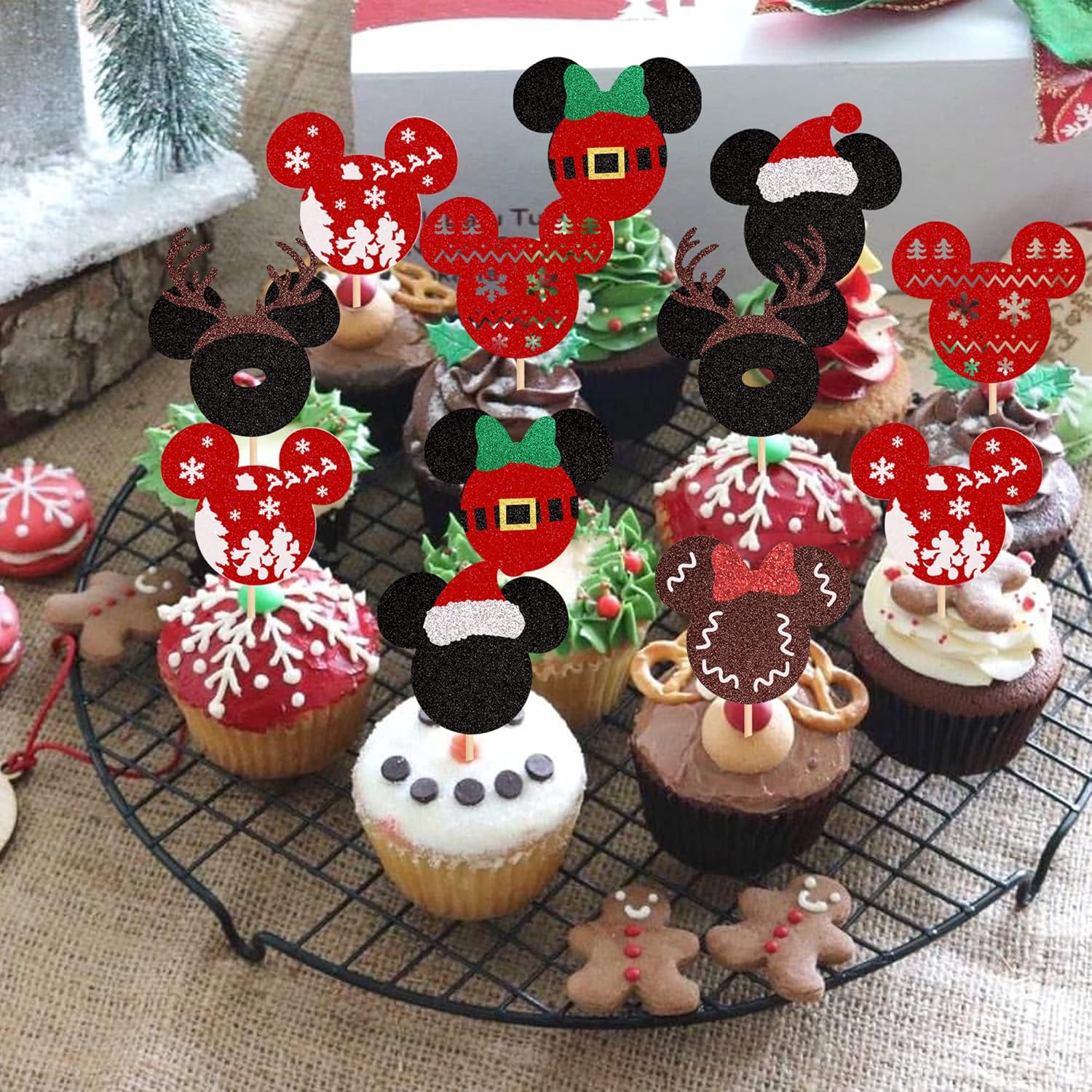 24PCS Glitter Christmas Cupcake Toppers Deer Santa Snowflake Decorations
