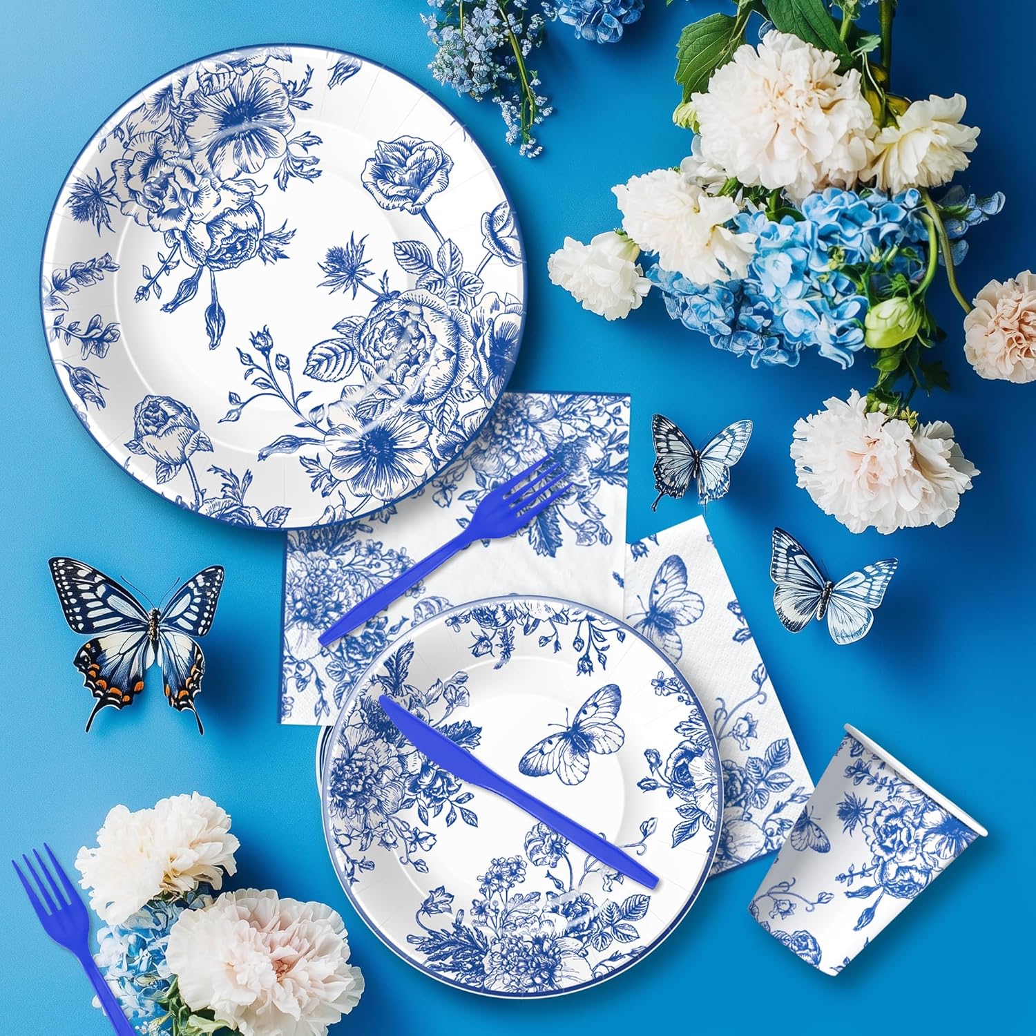 Blue and White Floral Paper Plates Set for 24