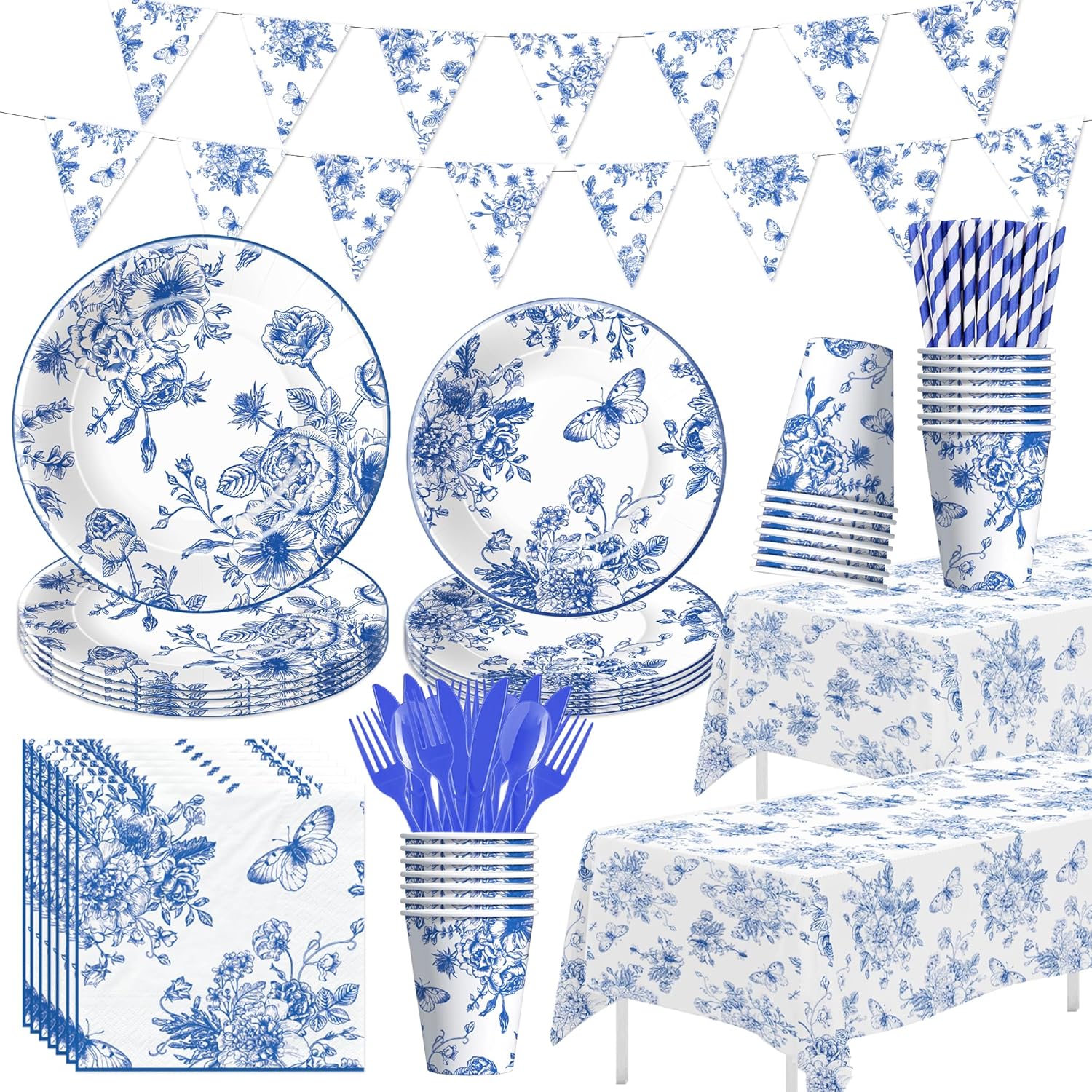 Blue and White Floral Paper Plates Set for 24