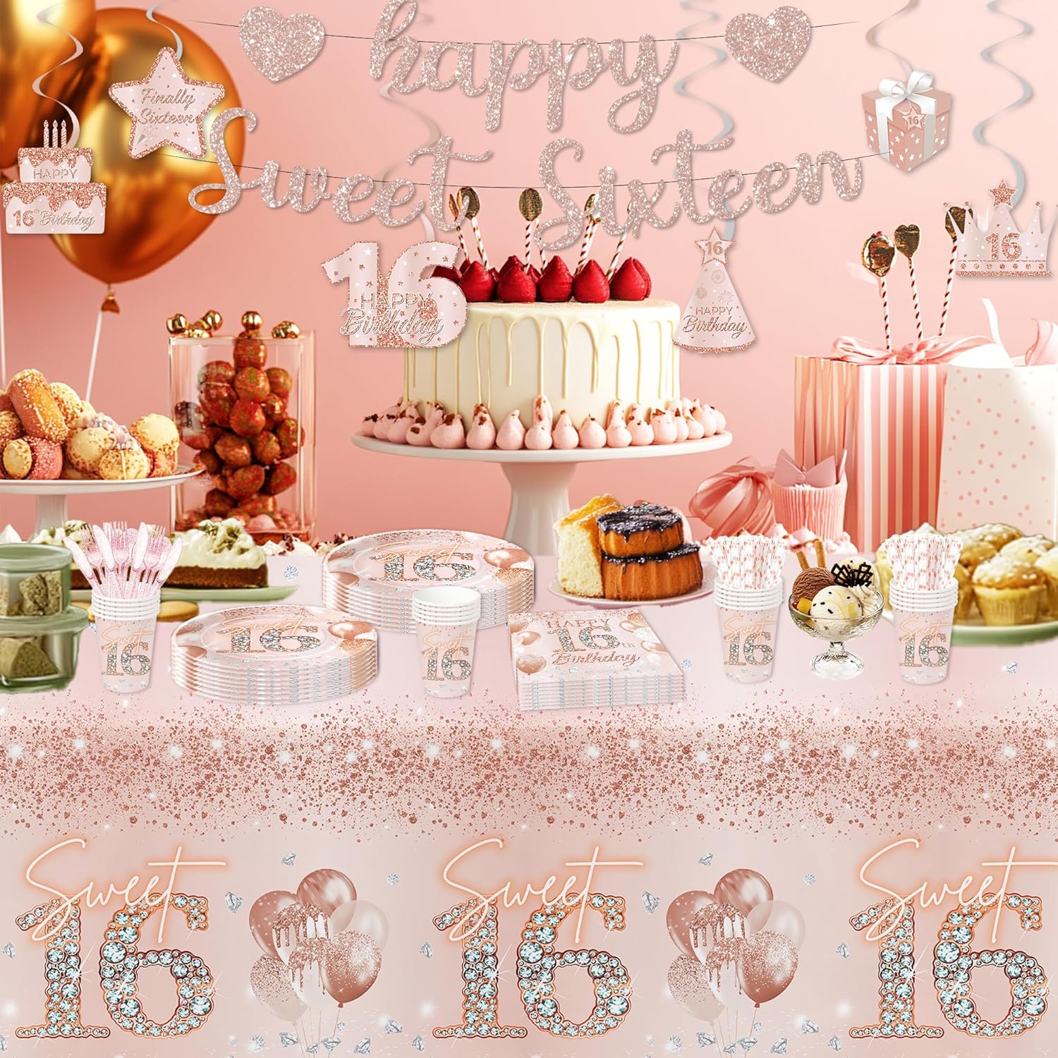 Rose Gold Sweet 16 Party Tablecloth 3 Pack