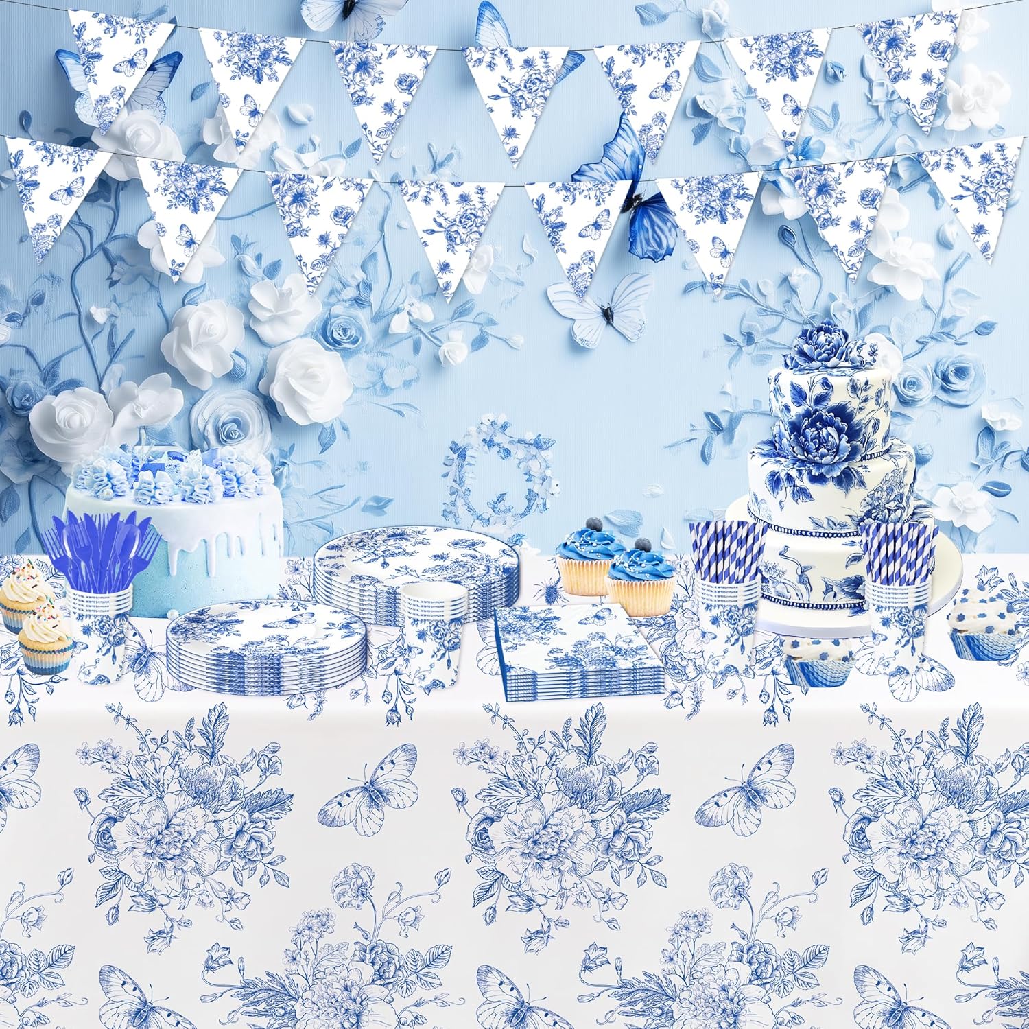 Blue and White Floral Paper Plates Set for 24