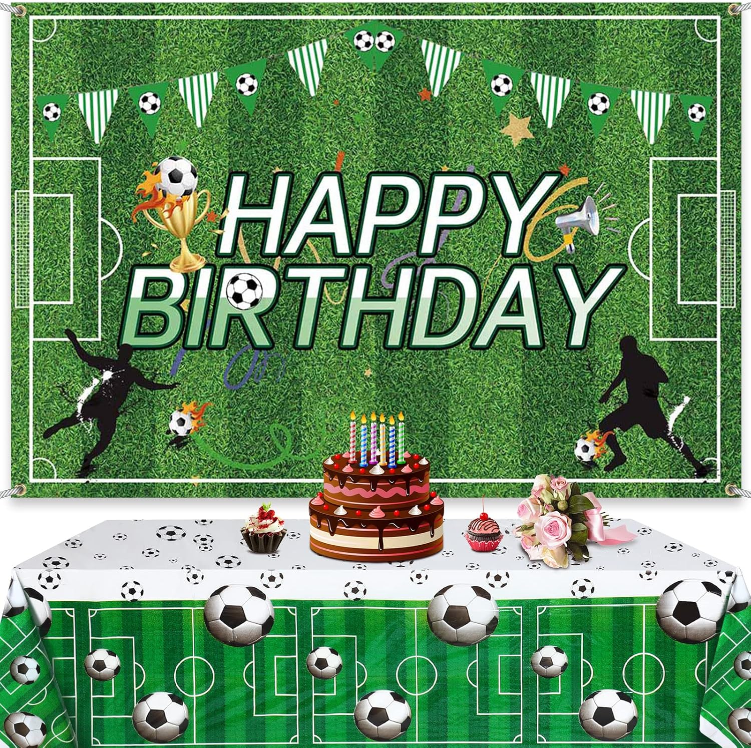 Irenare Soccer Birthday Decorations 5x3ft Backdrop and Table Cloth