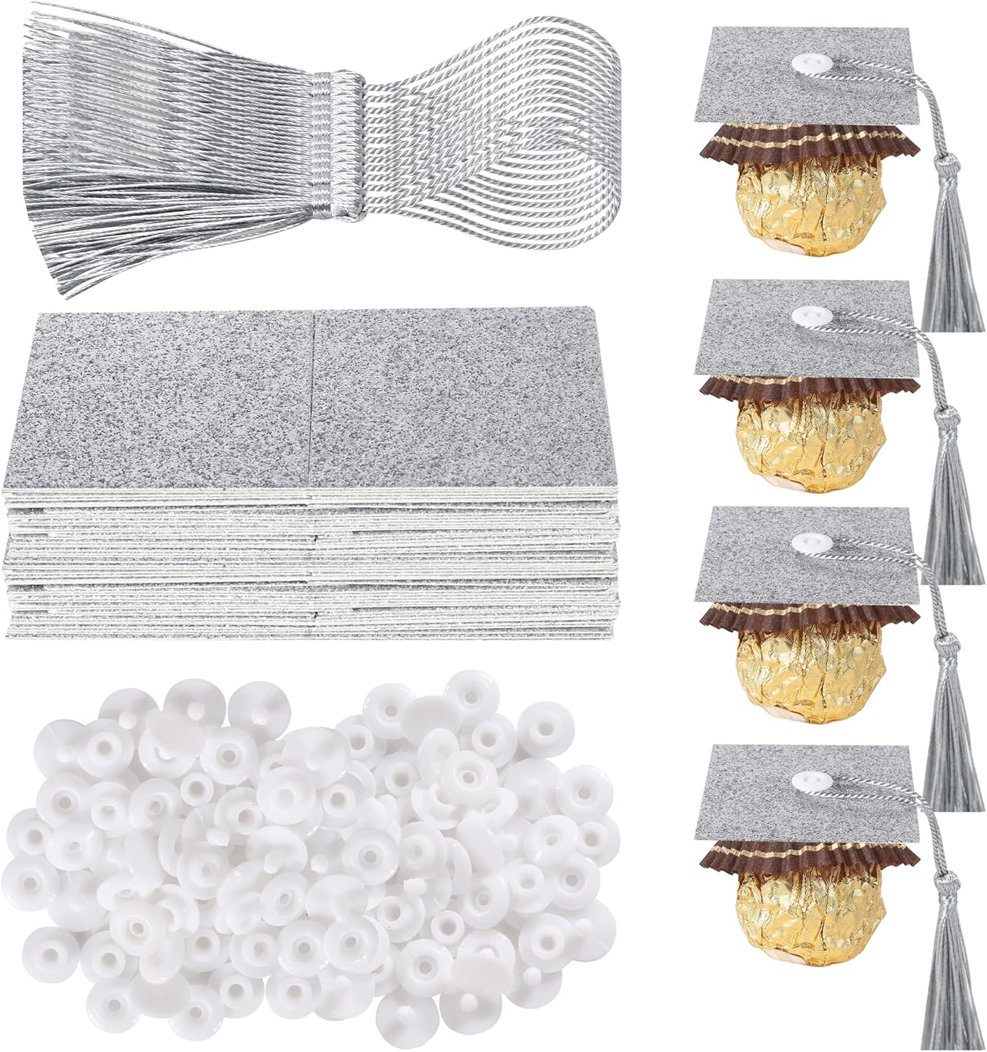 2025 Graduation Cap Cupcake Toppers with Tassel Adhesive Dots Silver