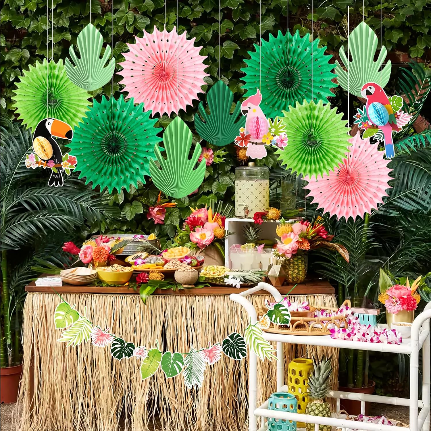 Tropical Party Decor Fans with Bird Garland Kit