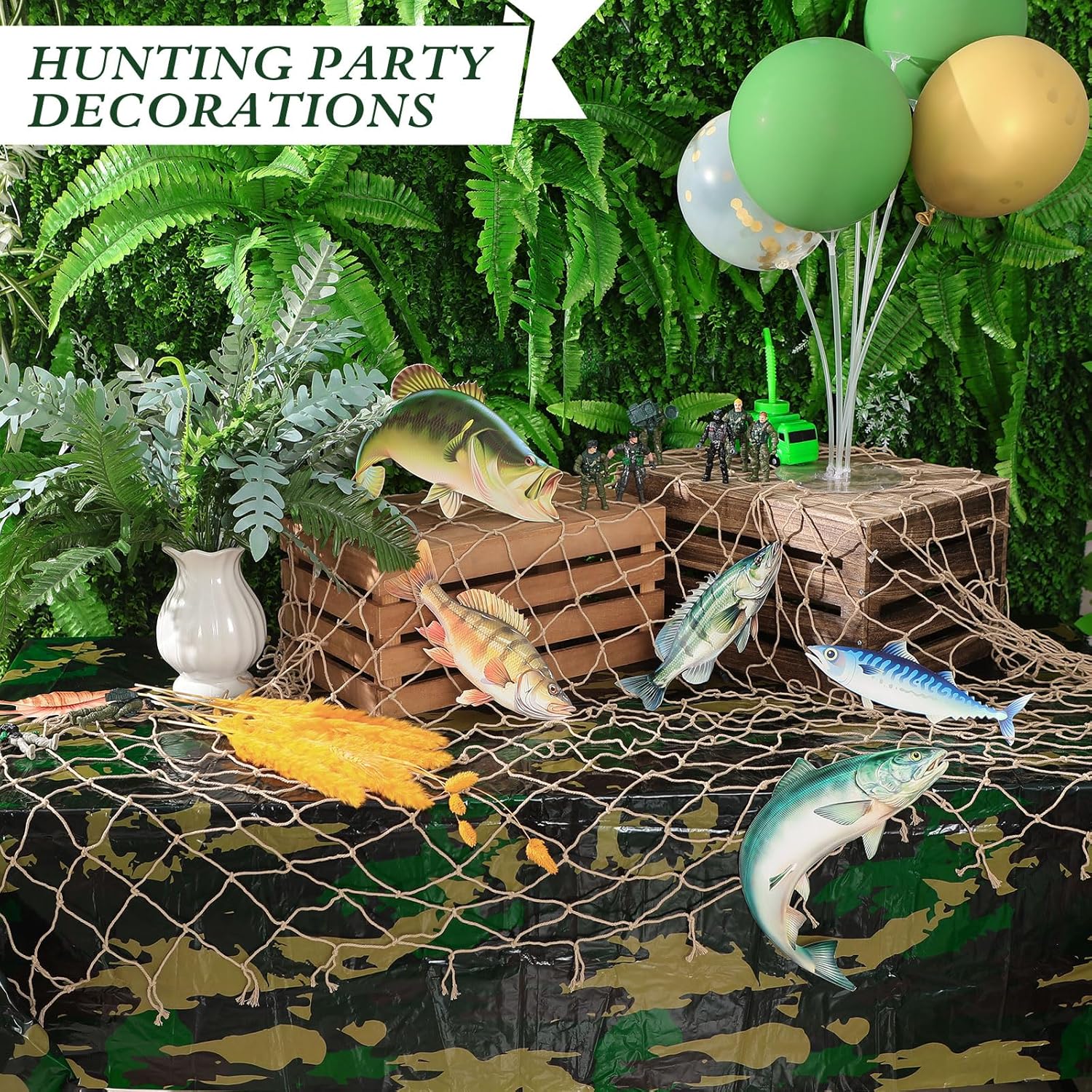 2 Pcs Camouflage Hunting Party Decorations Tablecloth and Fishing Net