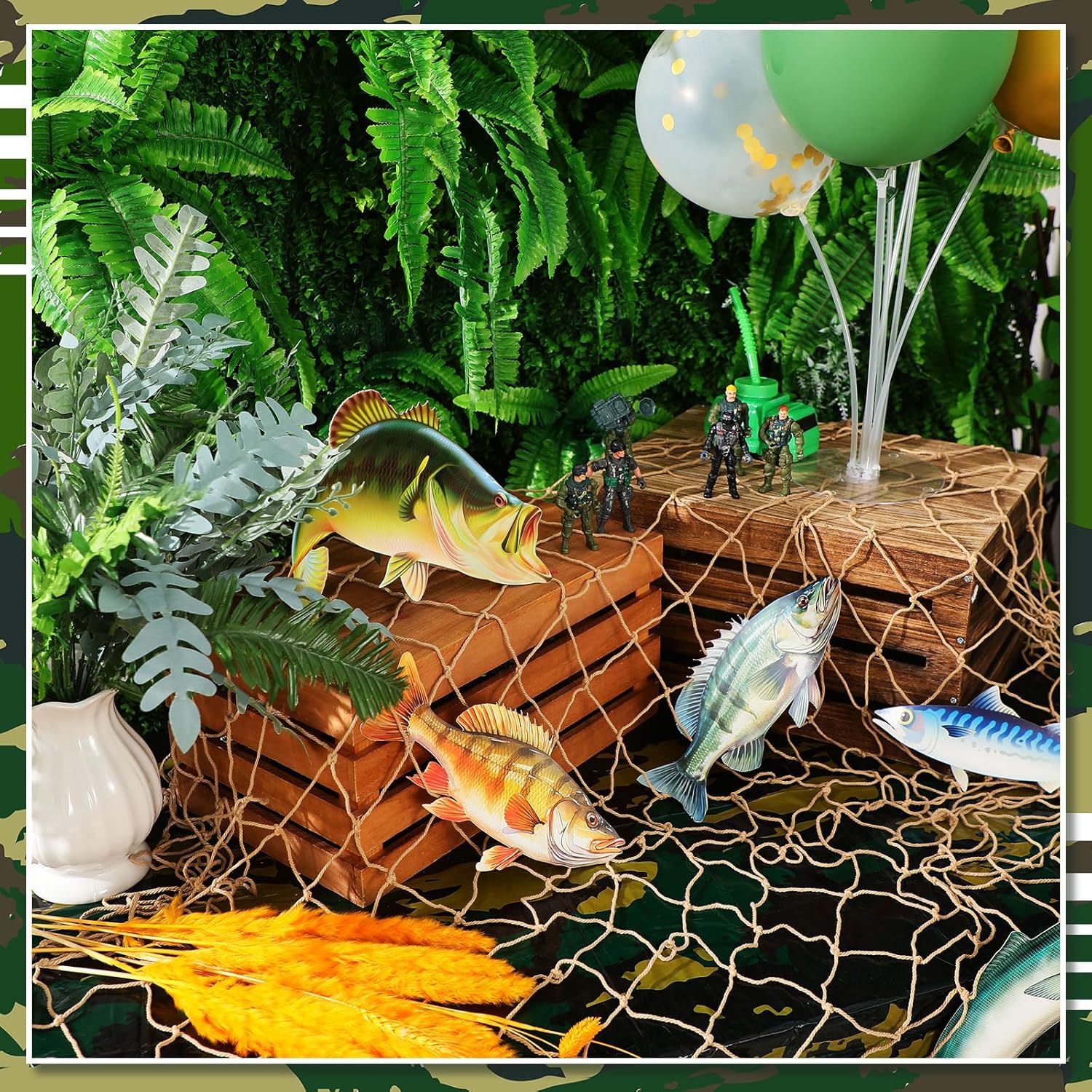 2 Pcs Camouflage Hunting Party Decorations Tablecloth and Fishing Net