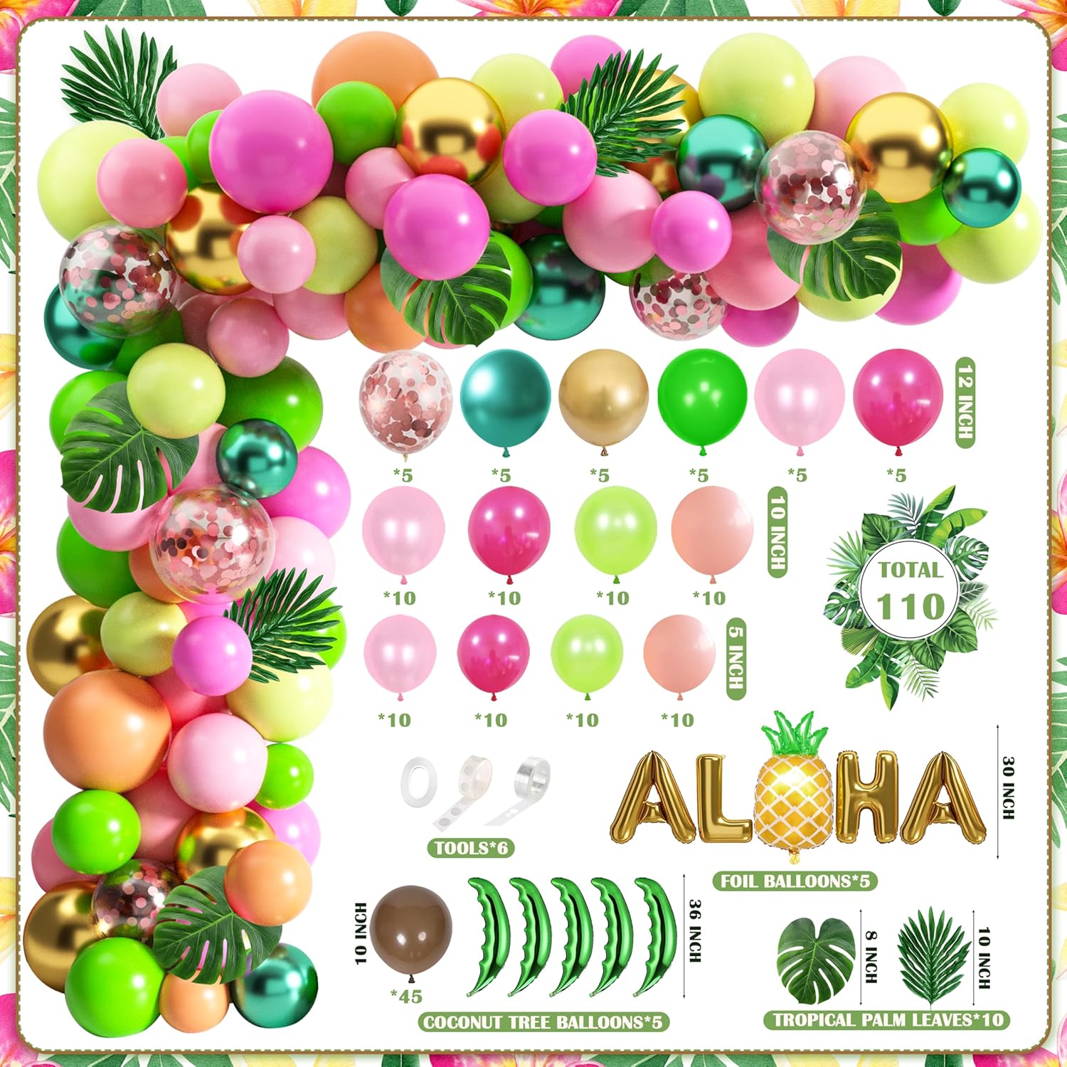Tropical Luau Balloons Arch Garland Kit for Hawaiian Parties